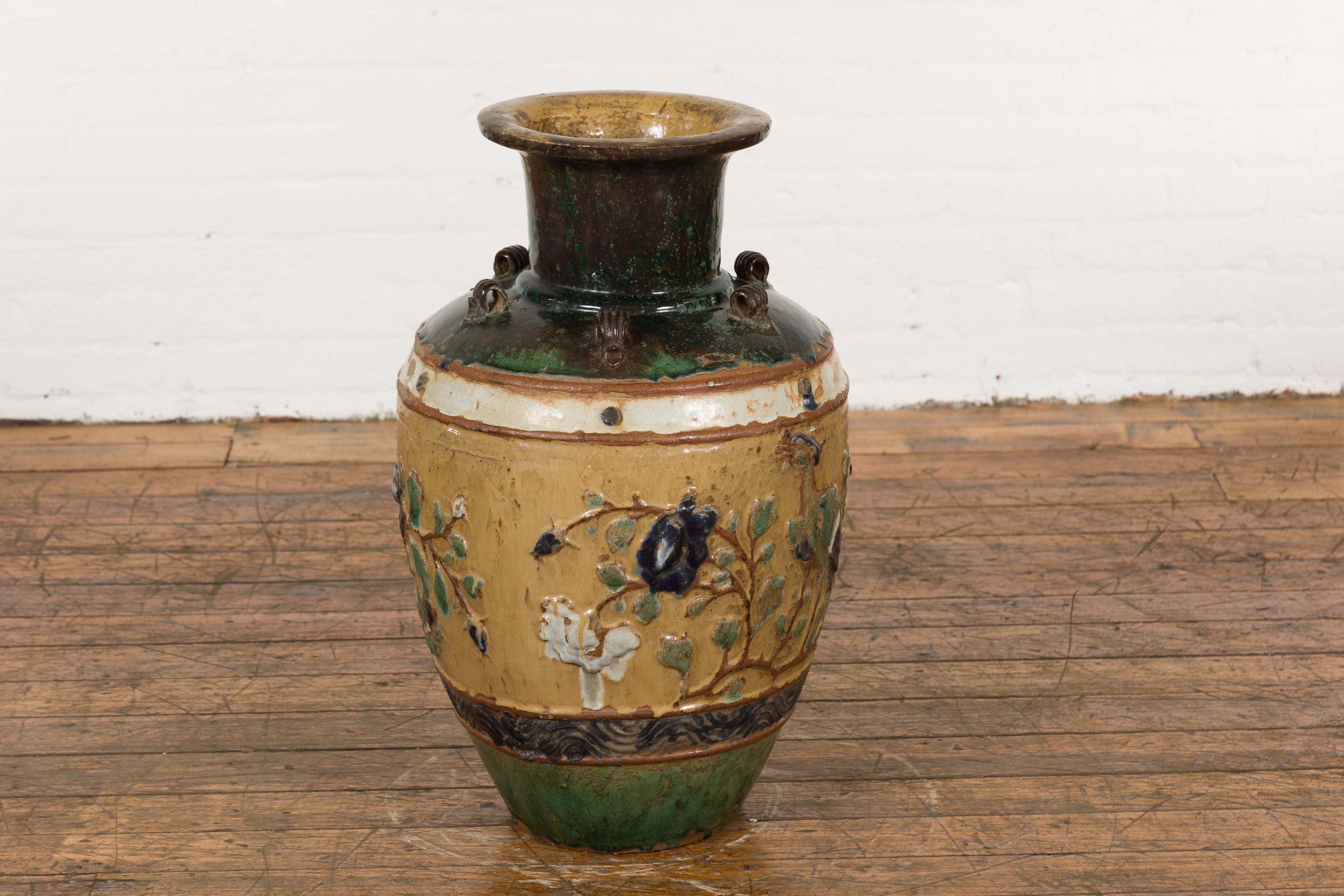 Annamese 19th Century Multicolor Glazed Water Jar with Raised Peacock Motif In Good Condition For Sale In Yonkers, NY