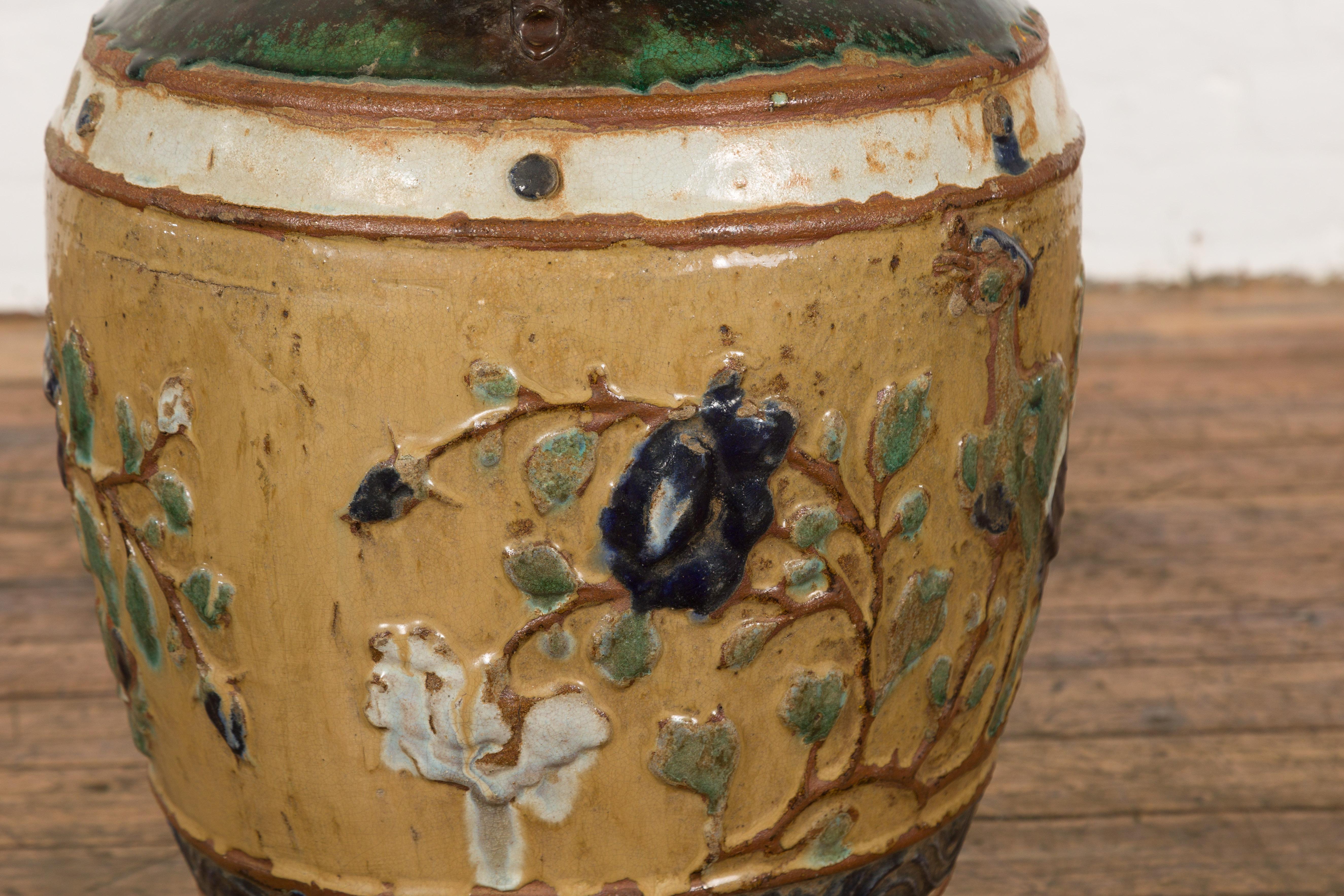 Annamese 19th Century Multicolor Glazed Water Jar with Raised Peacock Motif For Sale 3