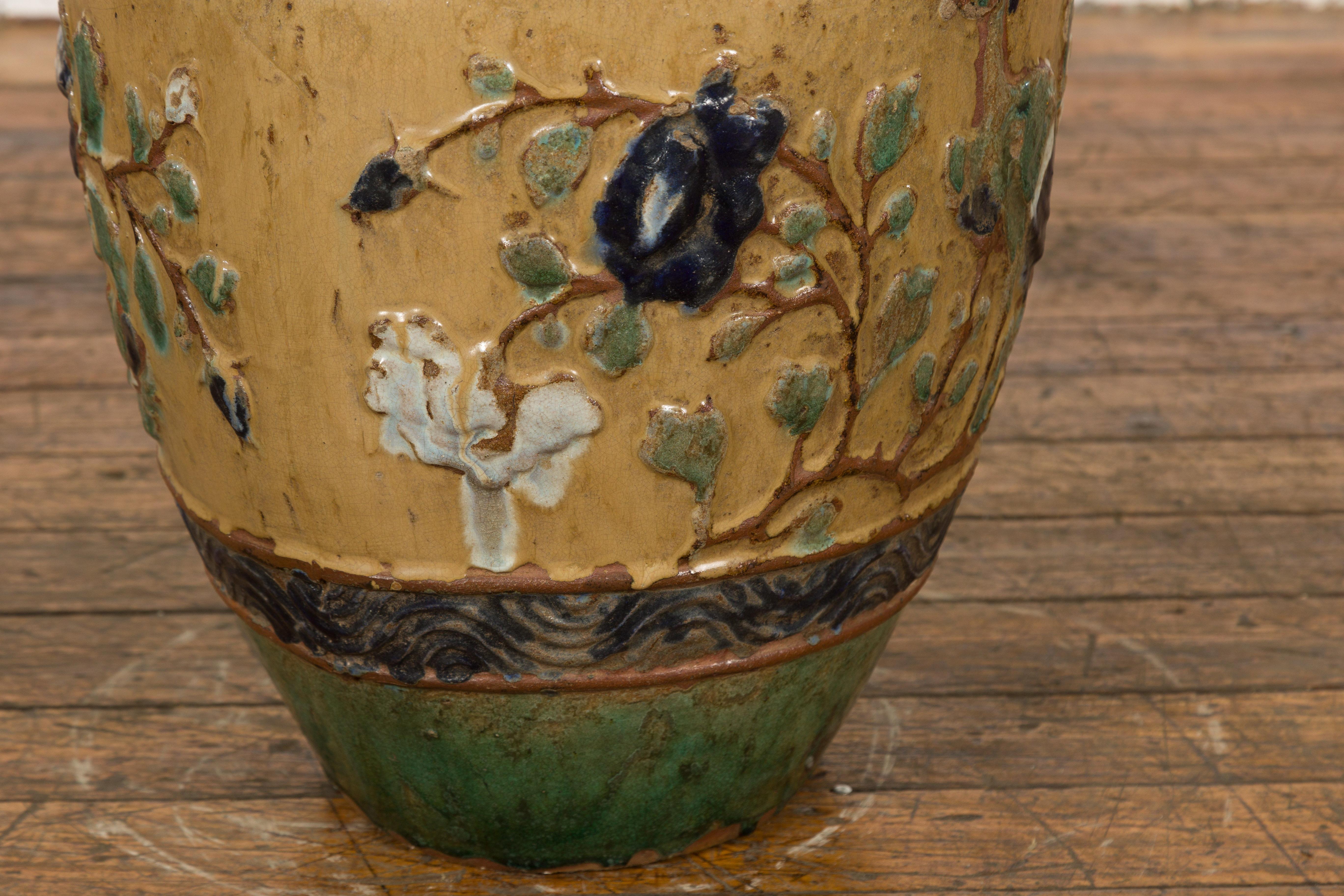 Annamese 19th Century Multicolor Glazed Water Jar with Raised Peacock Motif For Sale 4