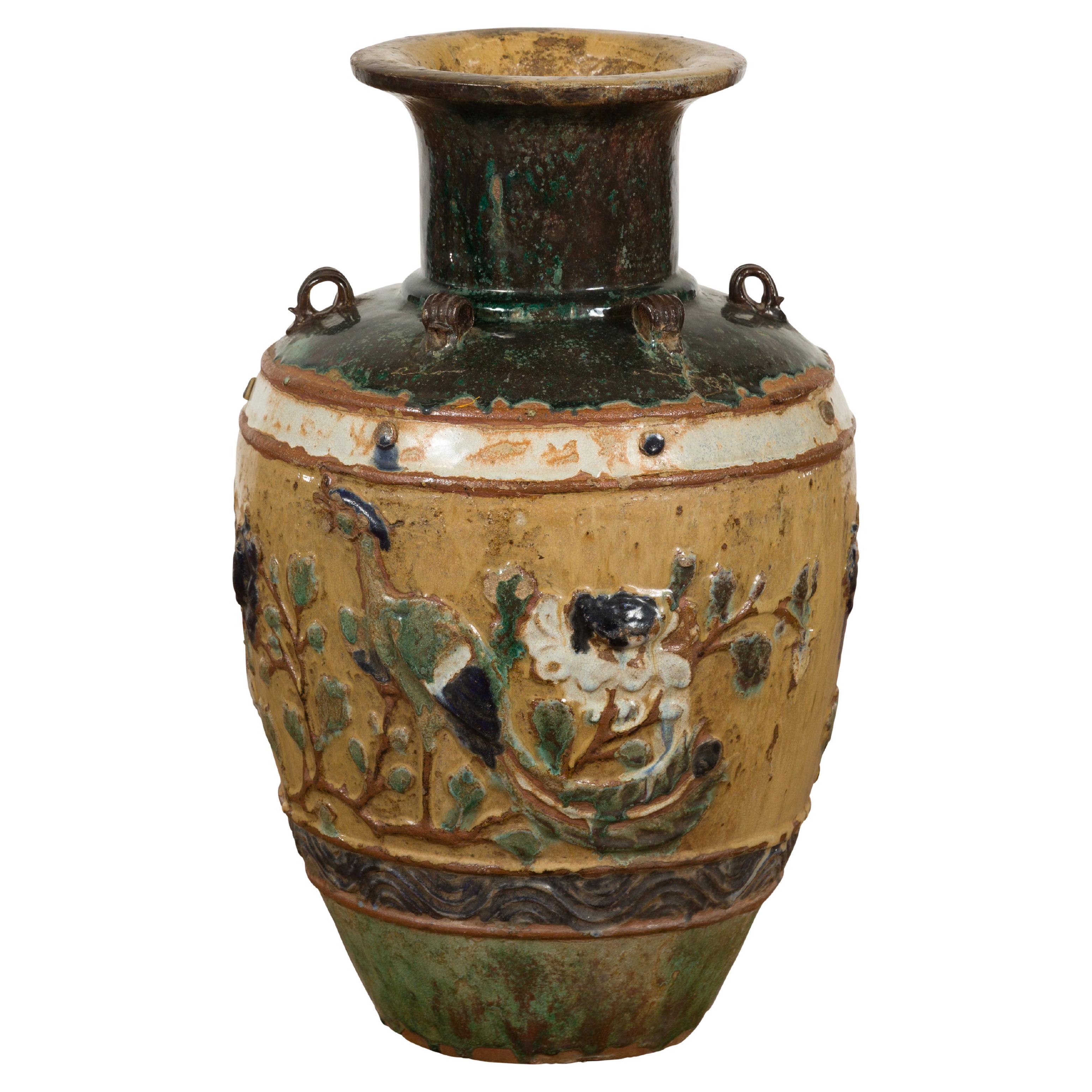 Annamese 19th Century Multicolor Glazed Water Jar with Raised Peacock Motif For Sale