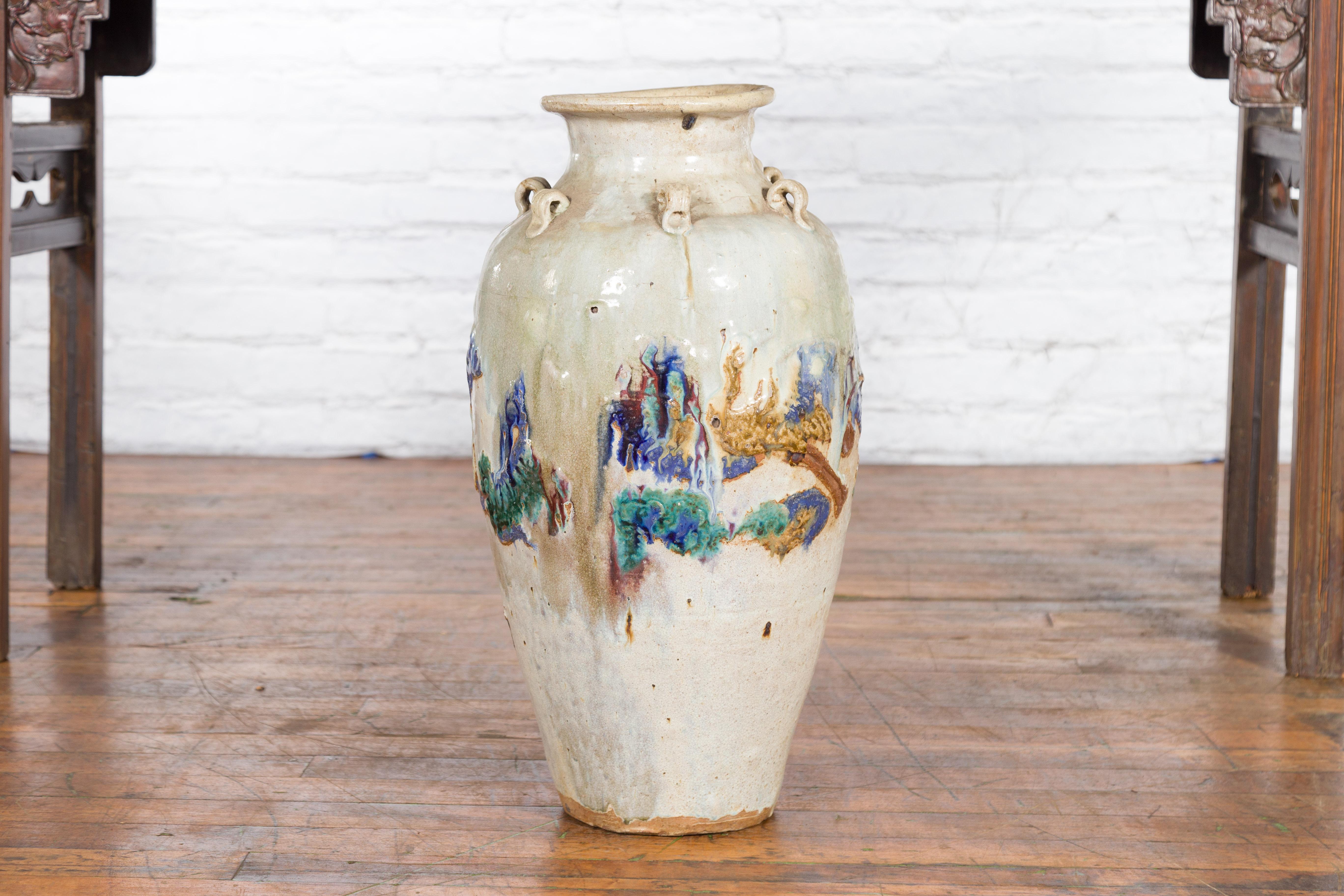 Annamese White Martaban Vase with Green and Blue Landscape Motifs For Sale 4