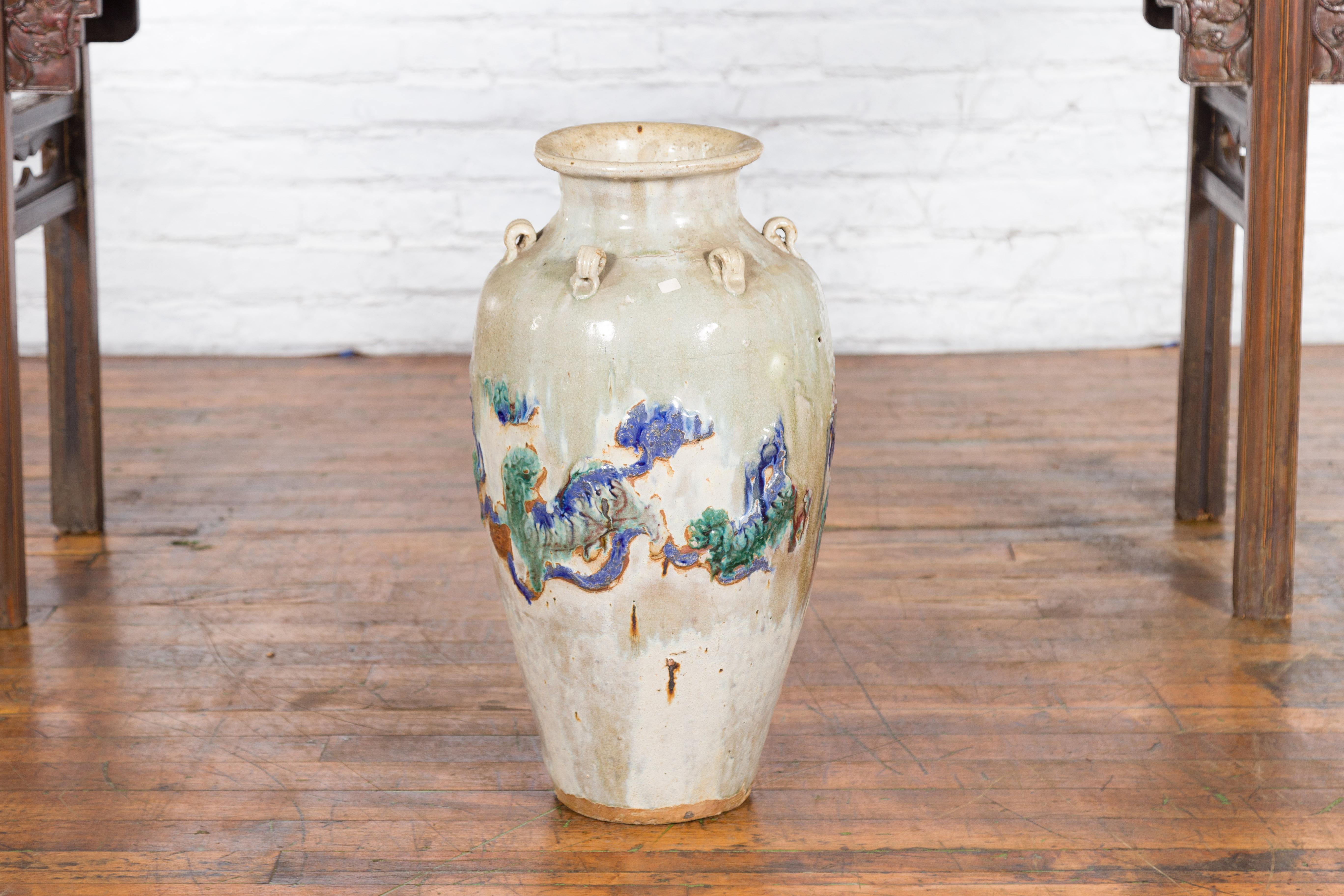 Annamese White Martaban Vase with Green and Blue Landscape Motifs For Sale 5