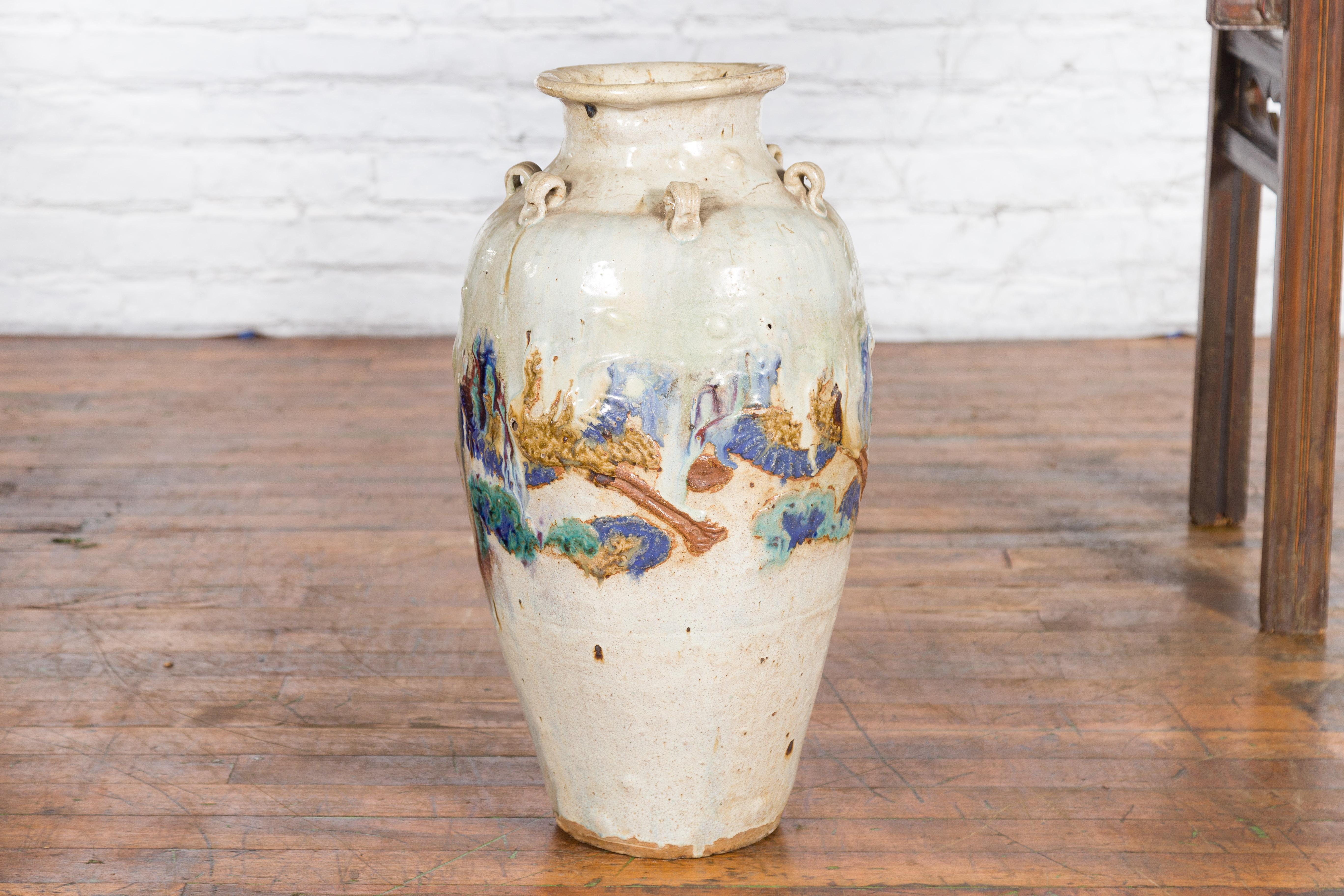 Annamese White Martaban Vase with Green and Blue Landscape Motifs For Sale 7