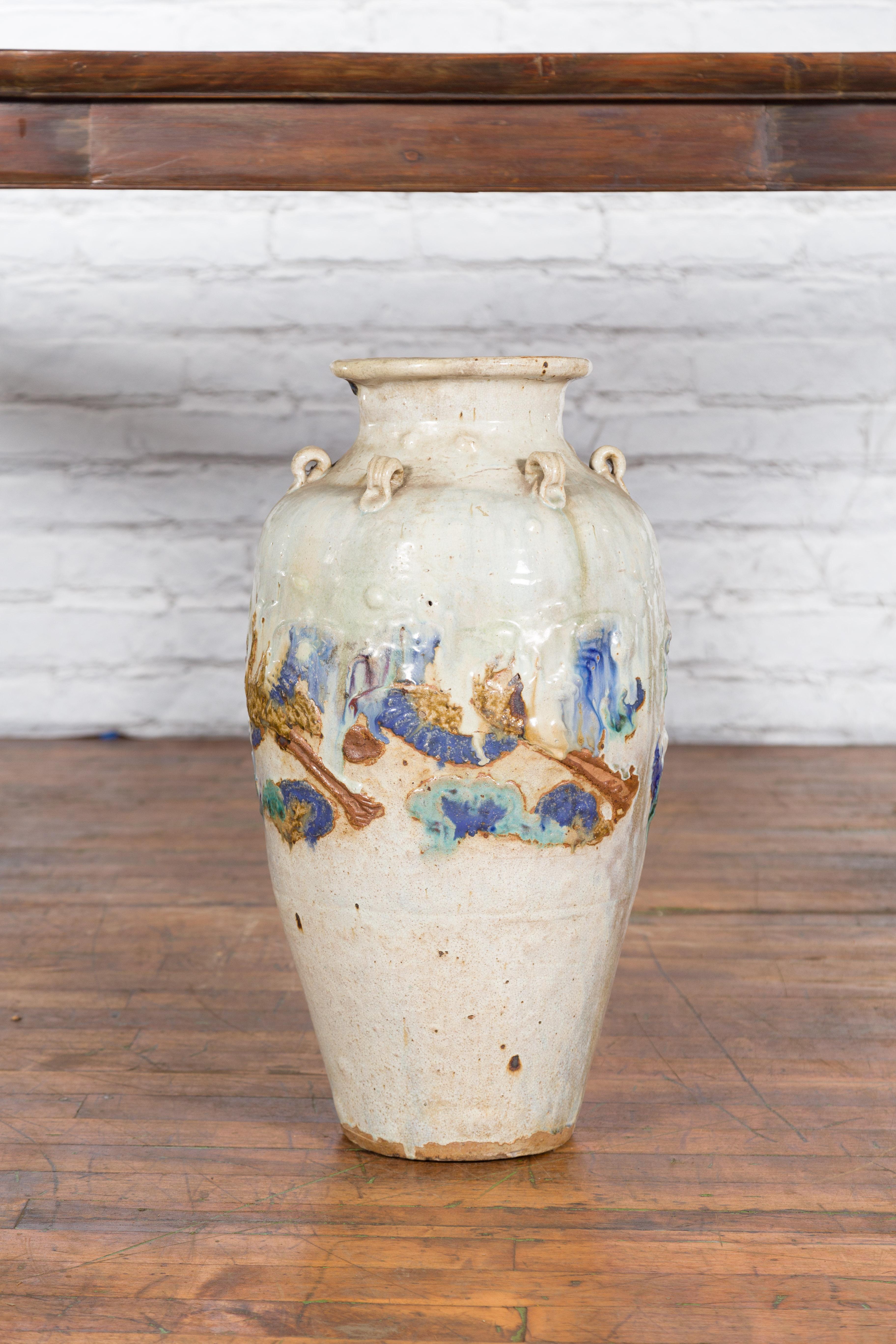 Qing Annamese White Martaban Vase with Green and Blue Landscape Motifs For Sale