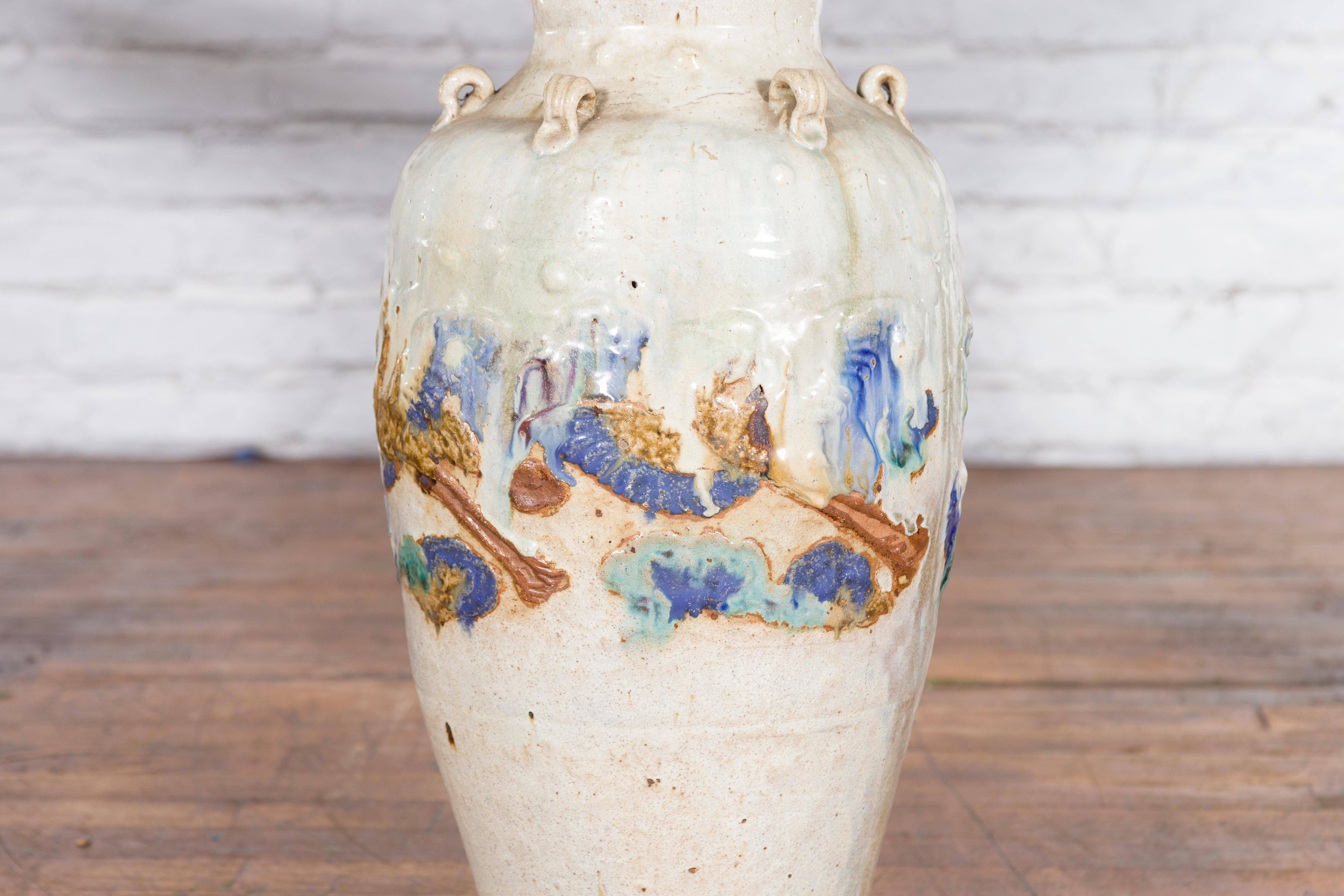 Ceramic Annamese White Martaban Vase with Green and Blue Landscape Motifs For Sale