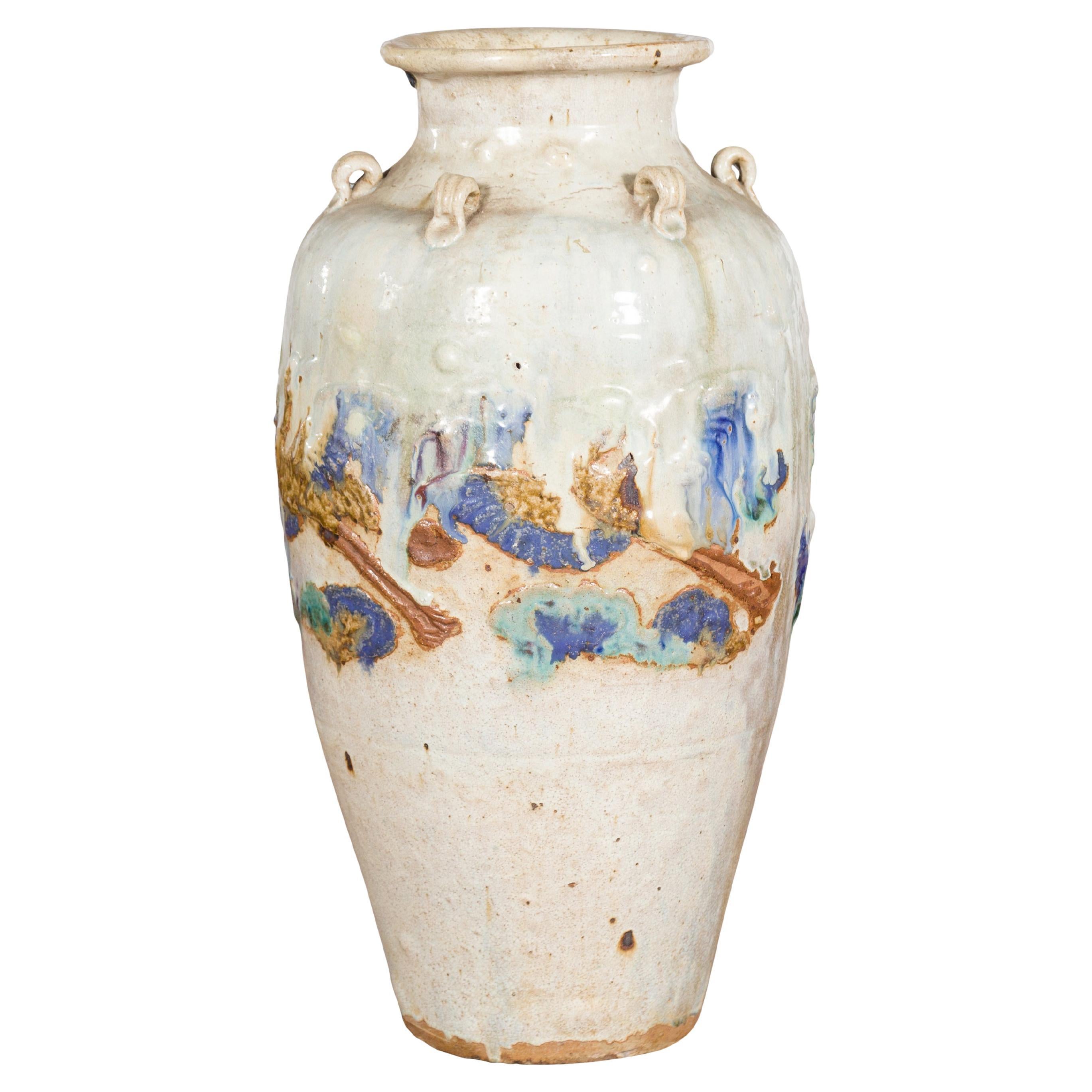 Annamese White Martaban Vase with Green and Blue Landscape Motifs For Sale