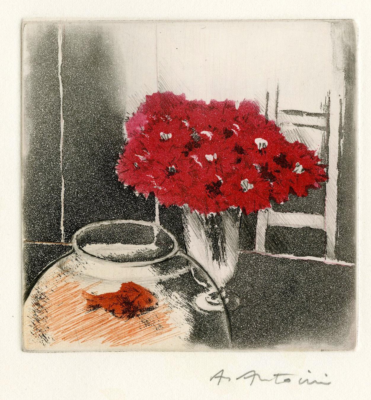 Still-Life Print de Annapia Antonini - Tarjeta de felicitación navideña para Madame R. G. Michel y familia (Pez dorado en pecera, jarrón