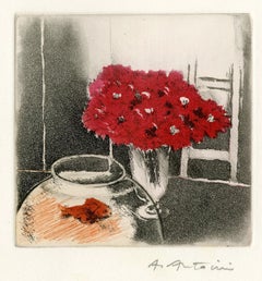 Biglietto di auguri per Madame R. G. Michel e famiglia (pesce rosso in una boccia, vaso