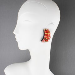 Anne and Frank Vigenri Red and Gold Resin Carved Clip Earrings