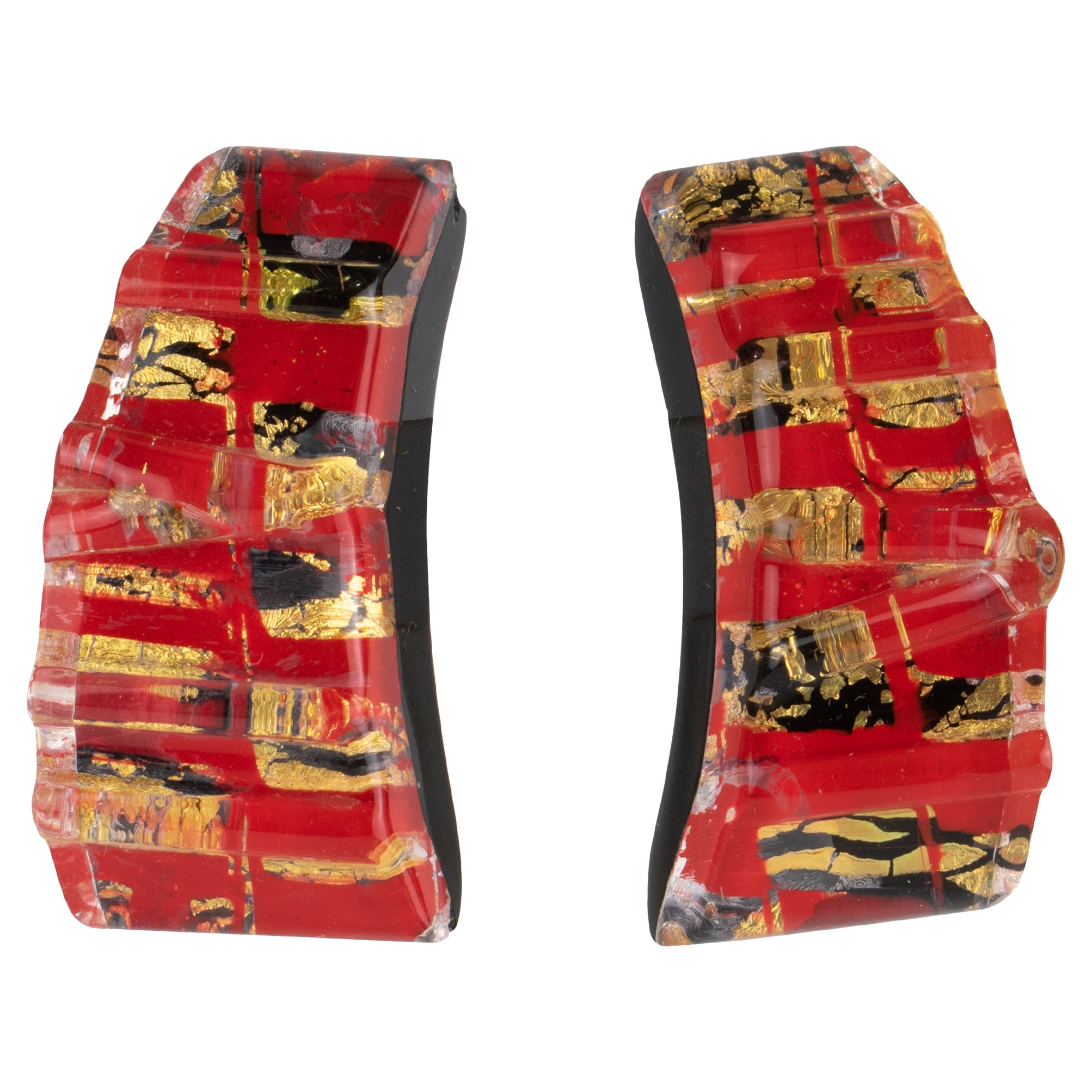 Anne and Frank Vigenri Red and Gold Resin Carved Clip Earrings For Sale