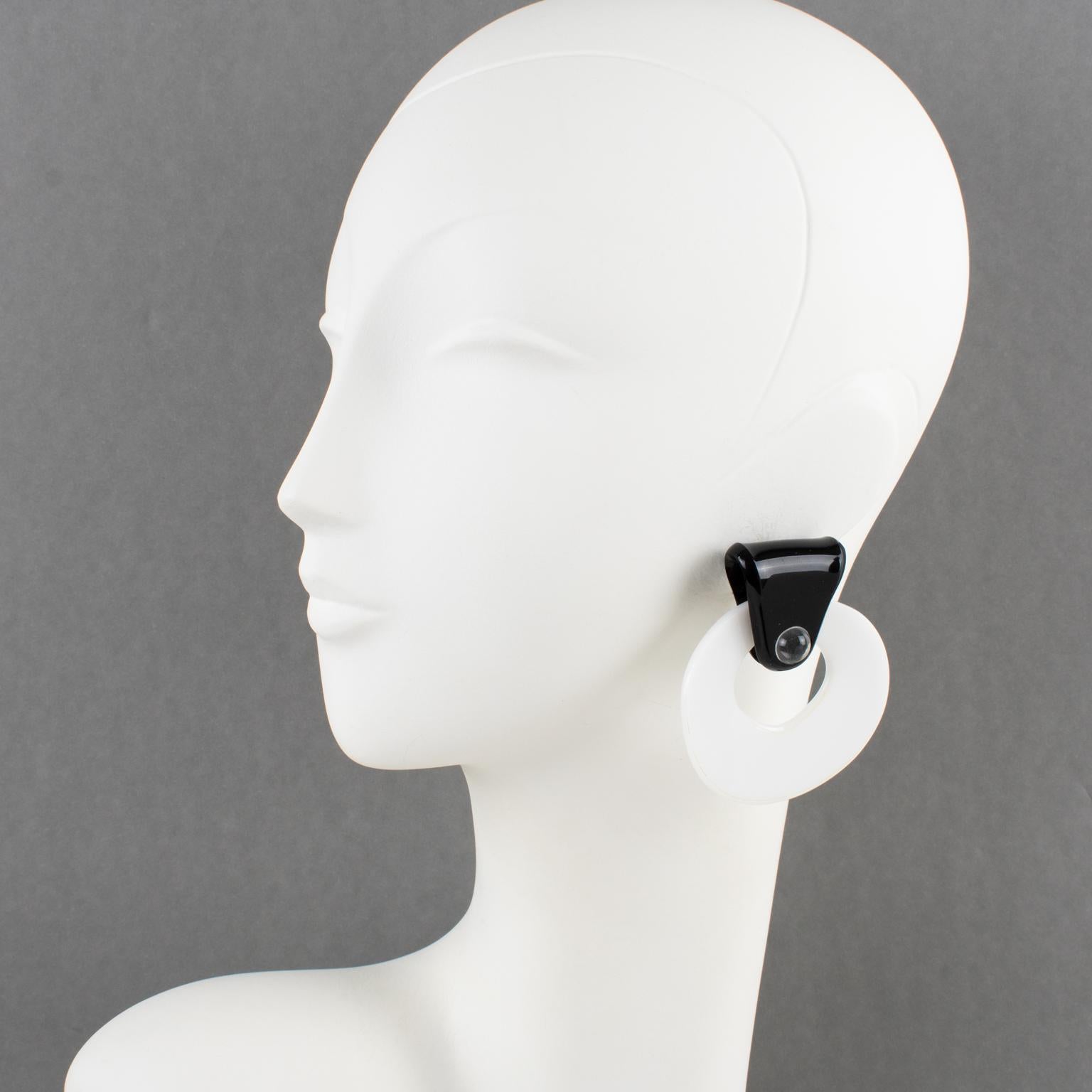 Modern Anne and Frank Vigneri Black and White Lucite Dangle Clip Earrings For Sale