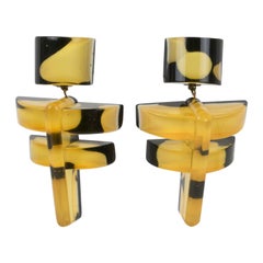 Geometric Black and Yellow Lucite Dangle Clip Earrings