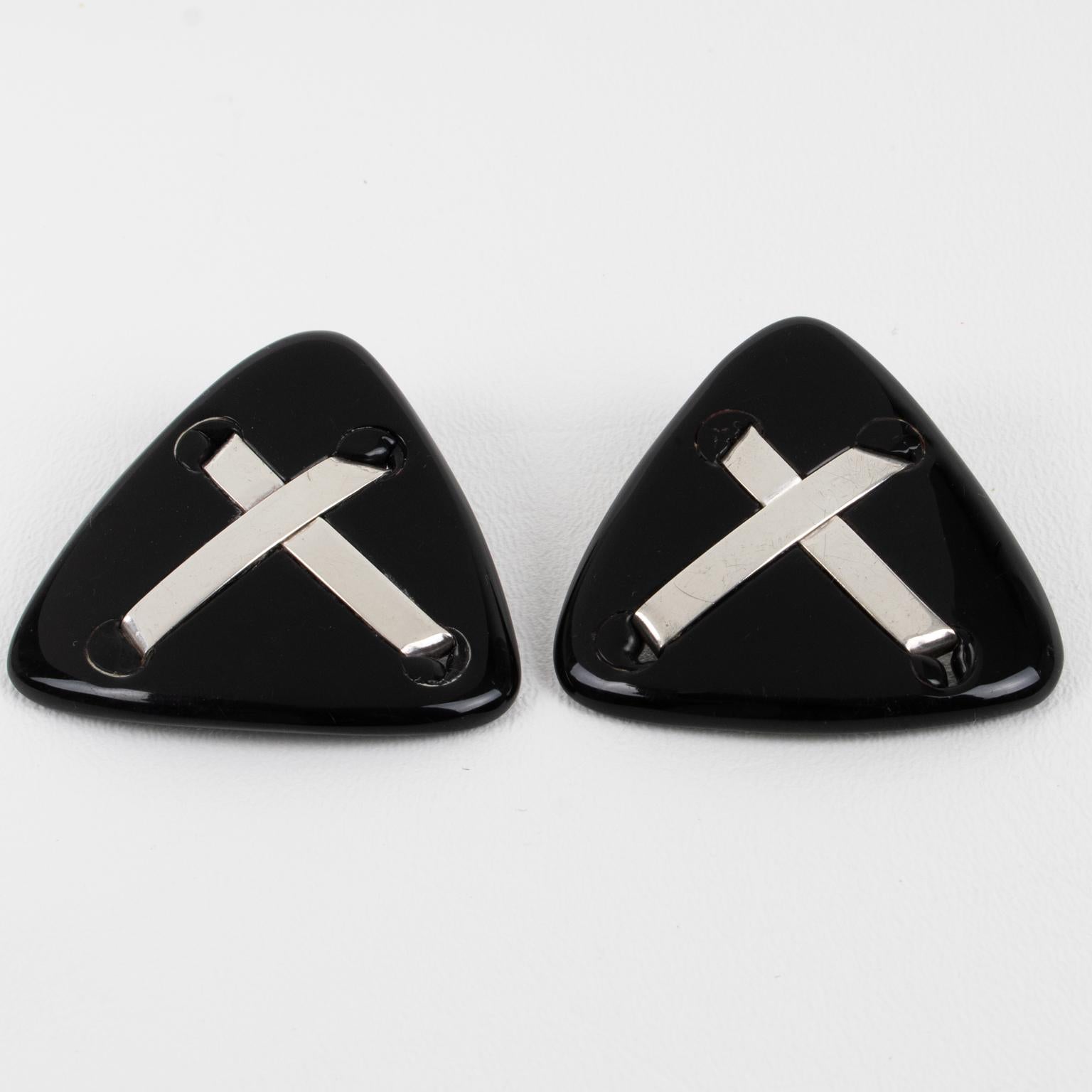 Modern Anne and Frank Vigneri Black Lucite  and Sterling Silver Clip Earrings For Sale