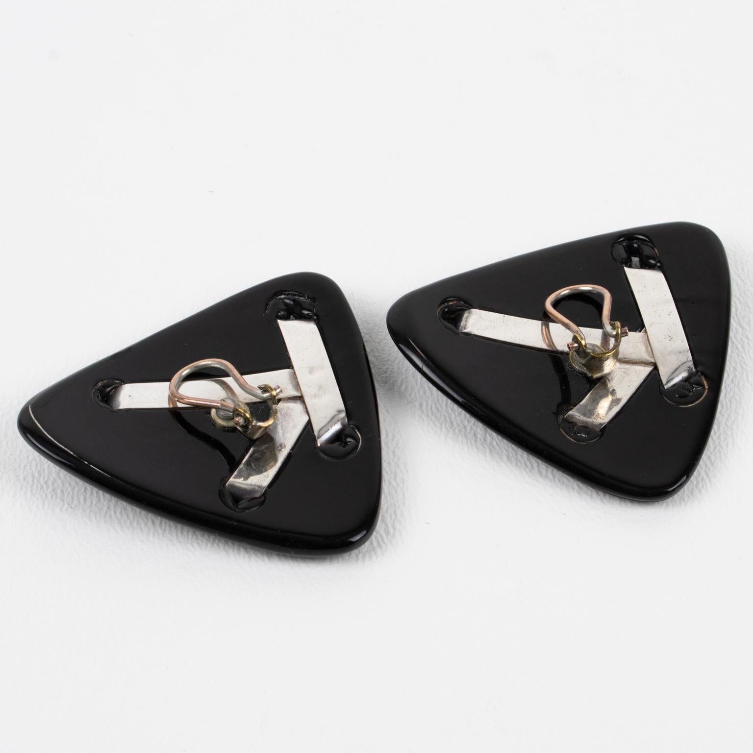 Anne and Frank Vigneri Black Lucite and Sterling Silver Clip Earrings In Good Condition For Sale In Atlanta, GA