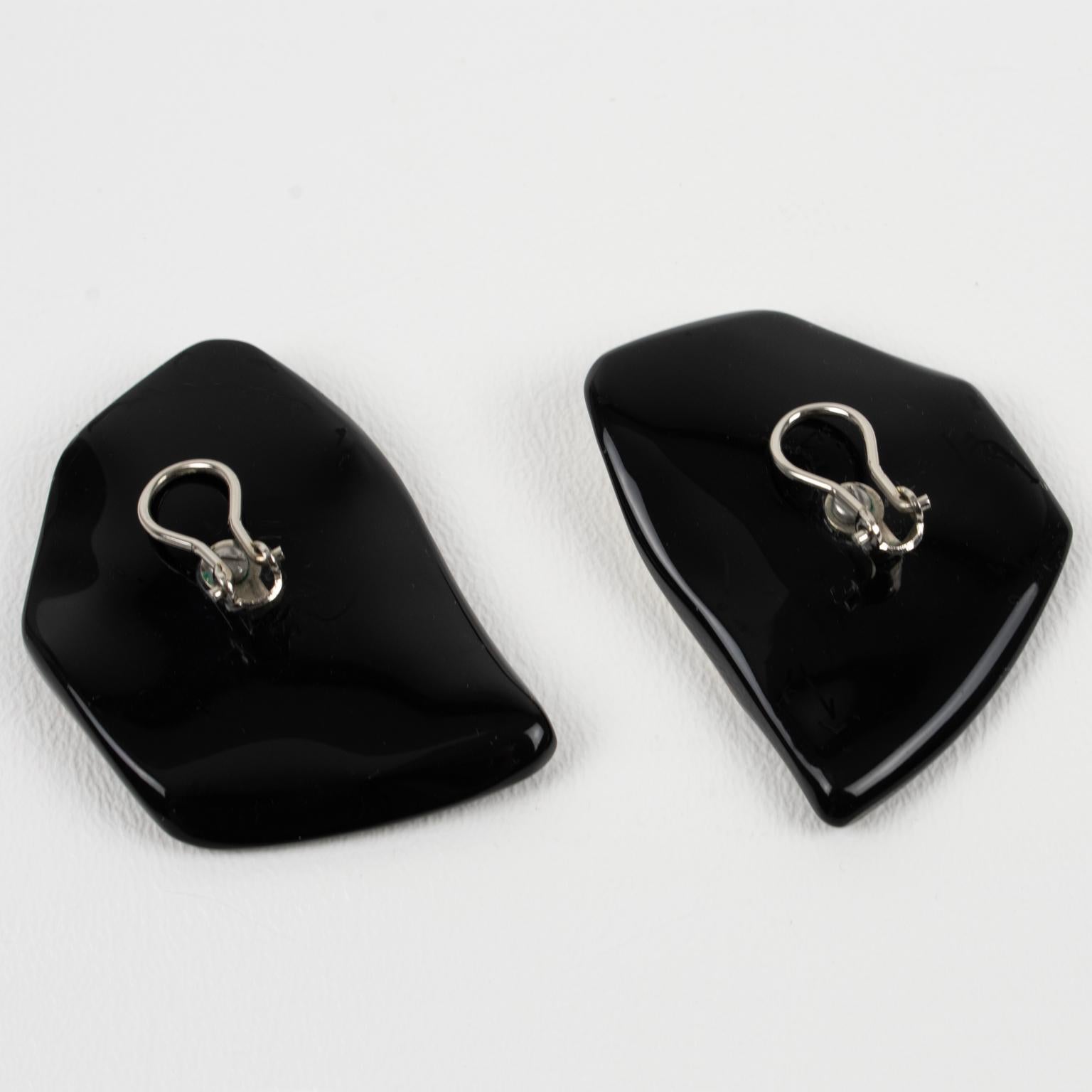 Anne and Frank Vigneri Black Lucite and Sterling Silver Clip Earrings For Sale 3