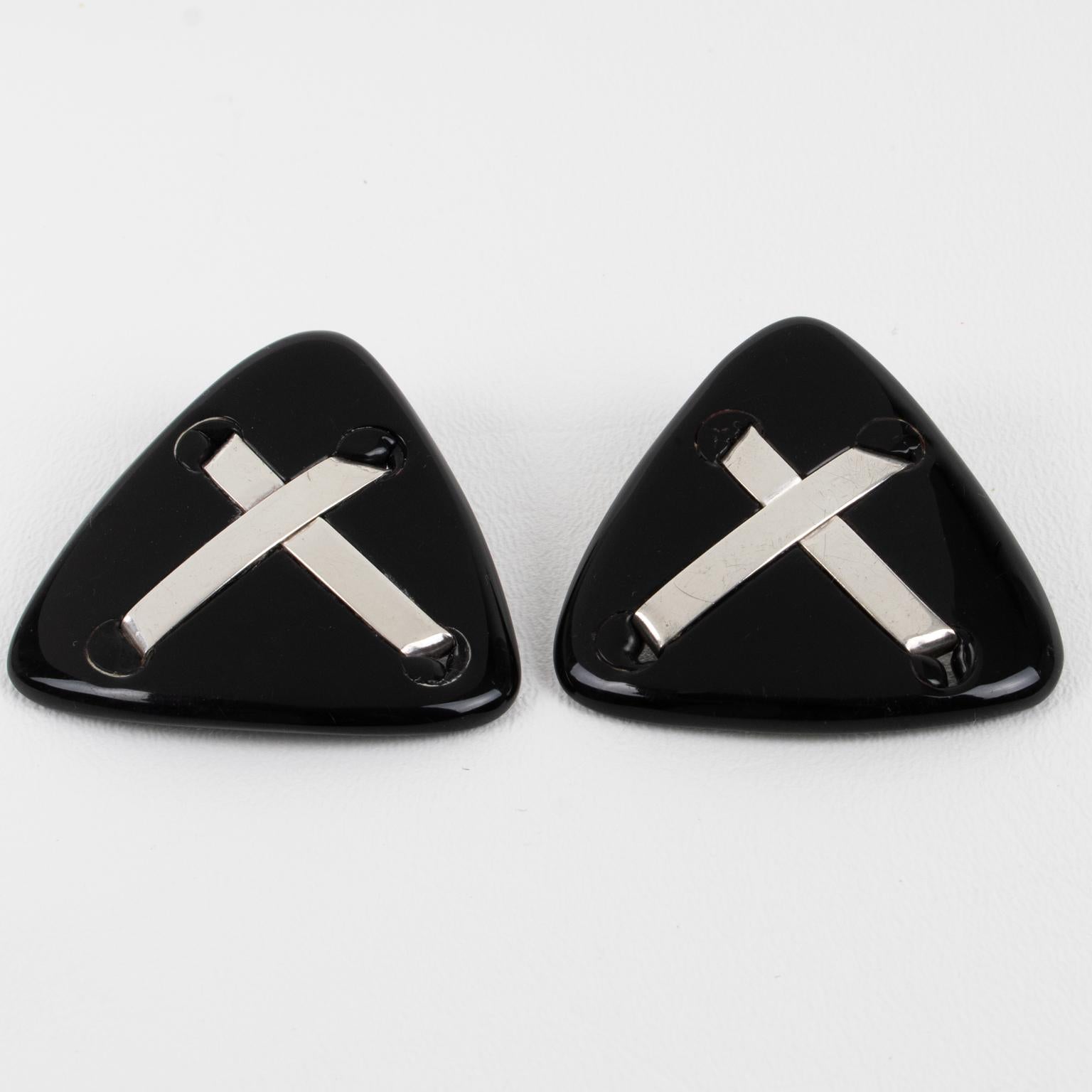 Anne and Frank Vigneri Black Lucite and Sterling Silver Clip Earrings For Sale 3
