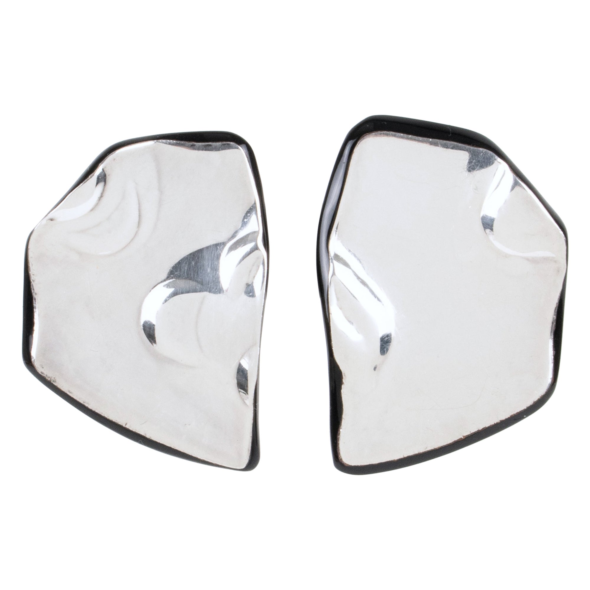 Anne and Frank Vigneri Black Lucite and Sterling Silver Clip Earrings