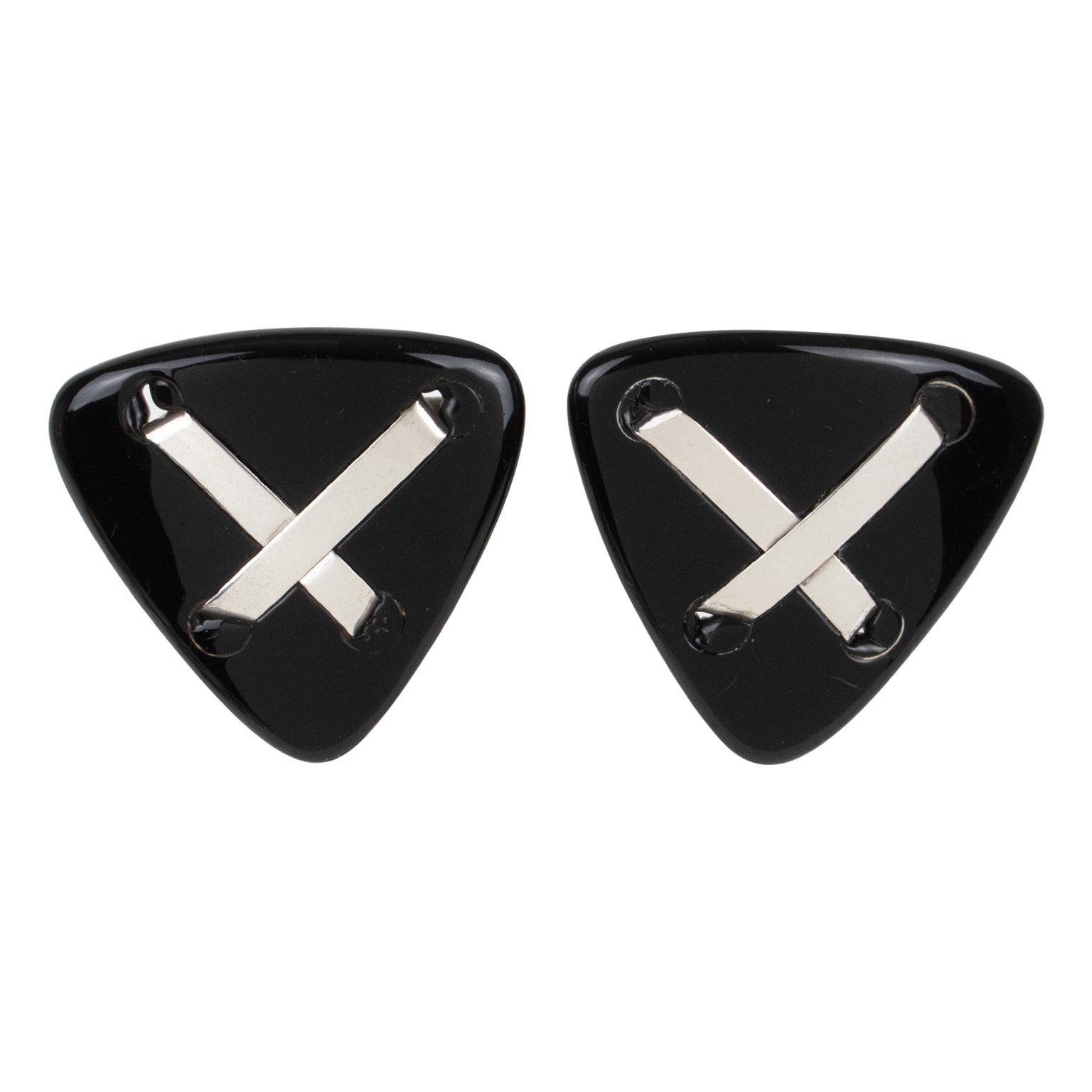 Anne and Frank Vigneri Black Lucite and Sterling Silver Clip Earrings