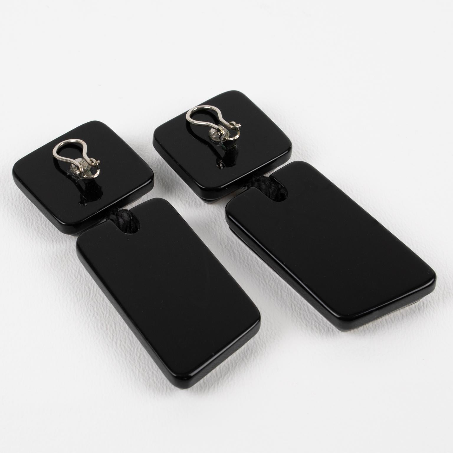 Anne and Frank Vigneri Black Lucite and Sterling Silver Dangle Clip Earrings For Sale 3