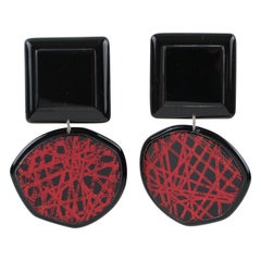 Anne and Frank Vigneri Clip on Earrings Black and Red Lucite with Texture