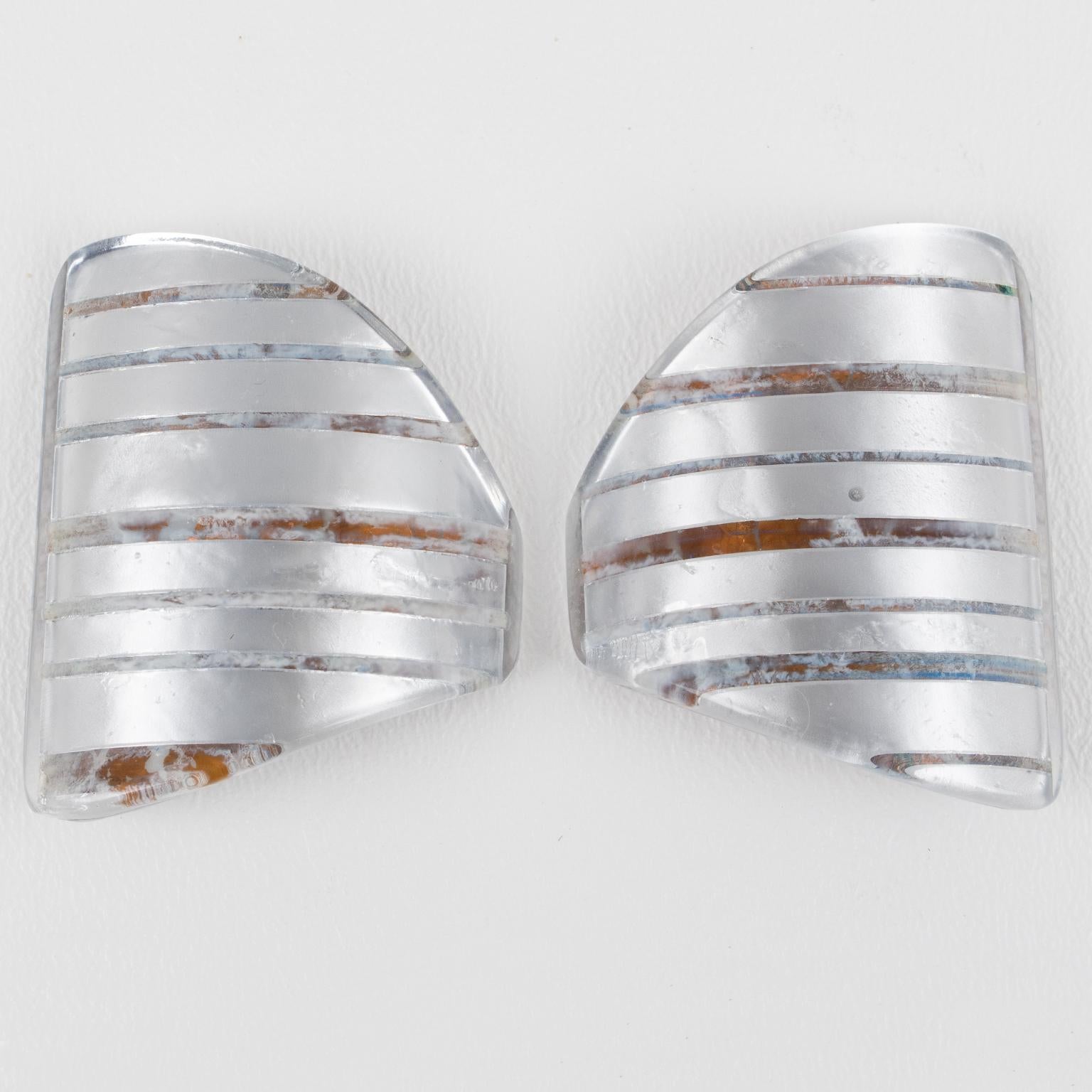 Women's or Men's Anne and Frank Vigneri Lucite Clip Earrings with Silver Foil For Sale