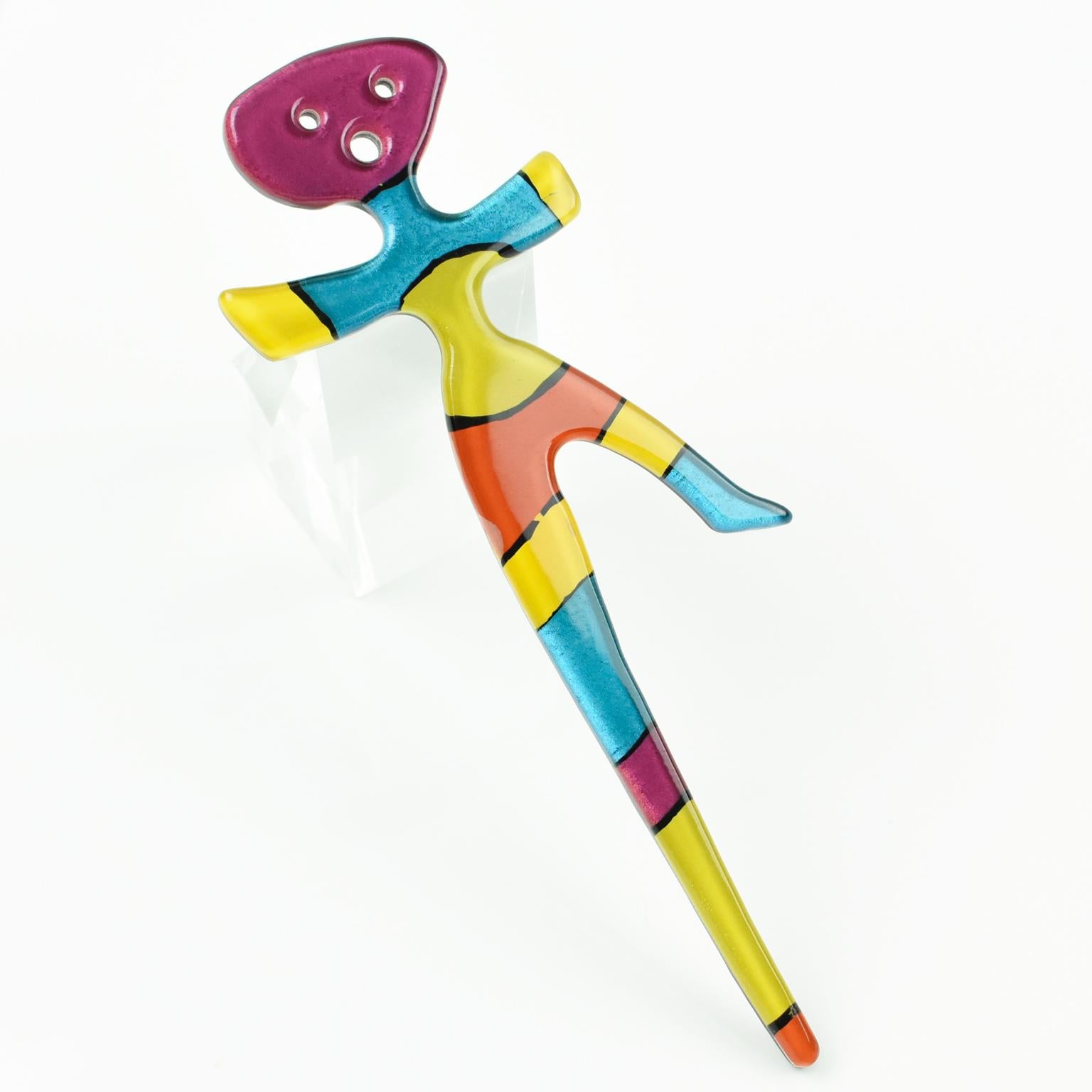 Modernist Anne and Frank Vigneri Oversized Figurine Multicolor Lucite Pin Brooch  For Sale
