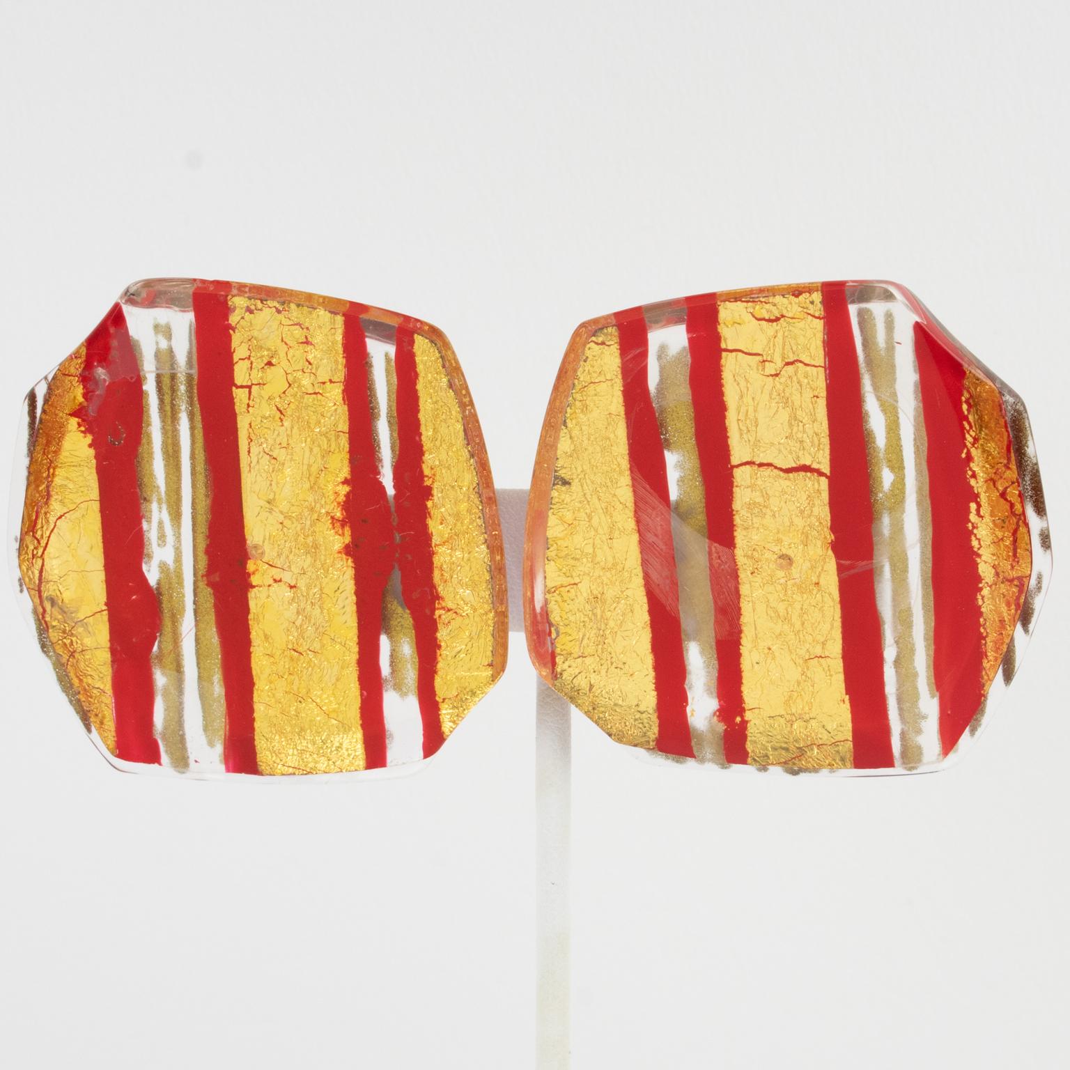 Anne and Frank Vigneri Red and Gold Foil Resin Clip Earrings For Sale 1
