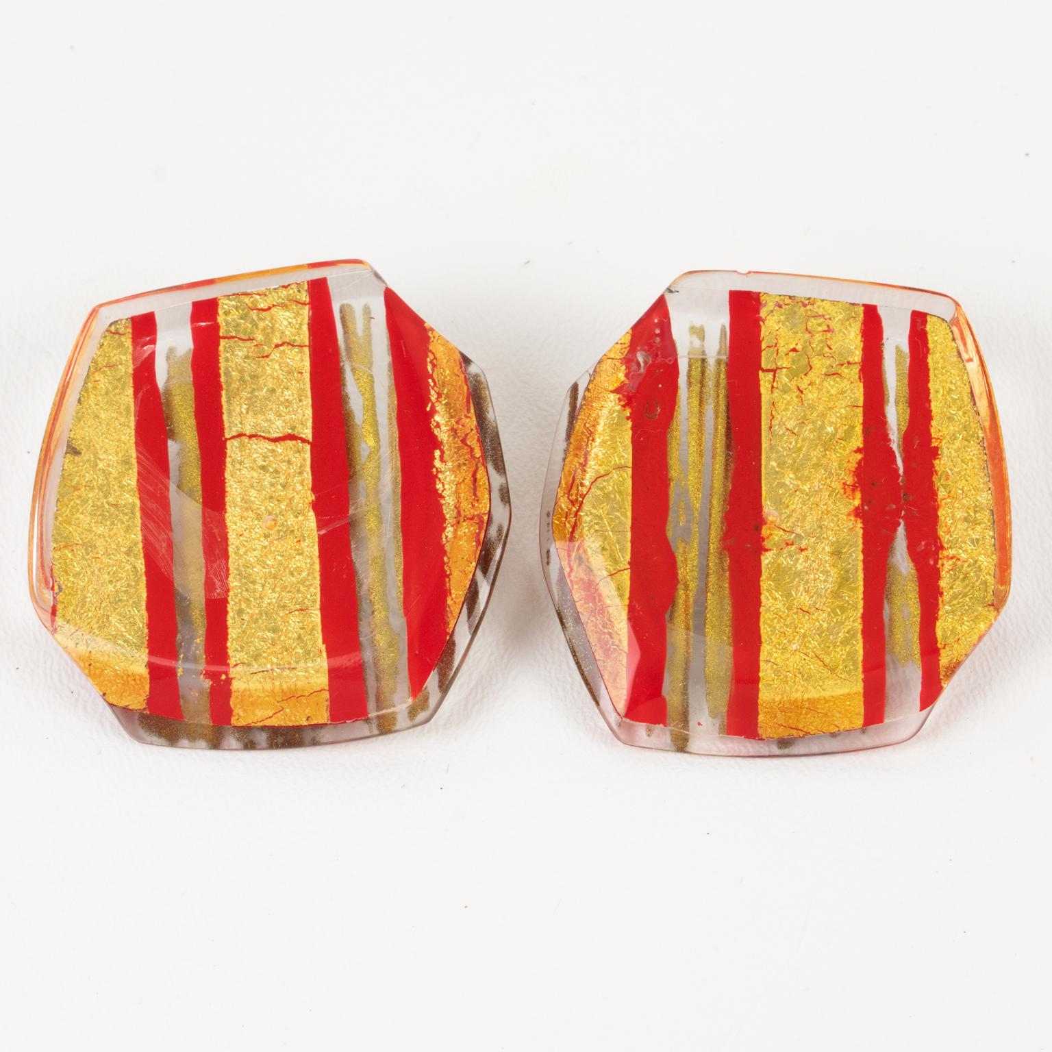 Anne and Frank Vigneri Red and Gold Foil Resin Clip Earrings For Sale 2