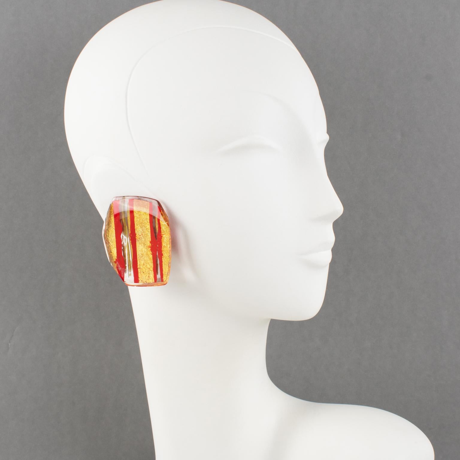 Anne and Frank Vigneri Red and Gold Foil Resin Clip Earrings For Sale 3