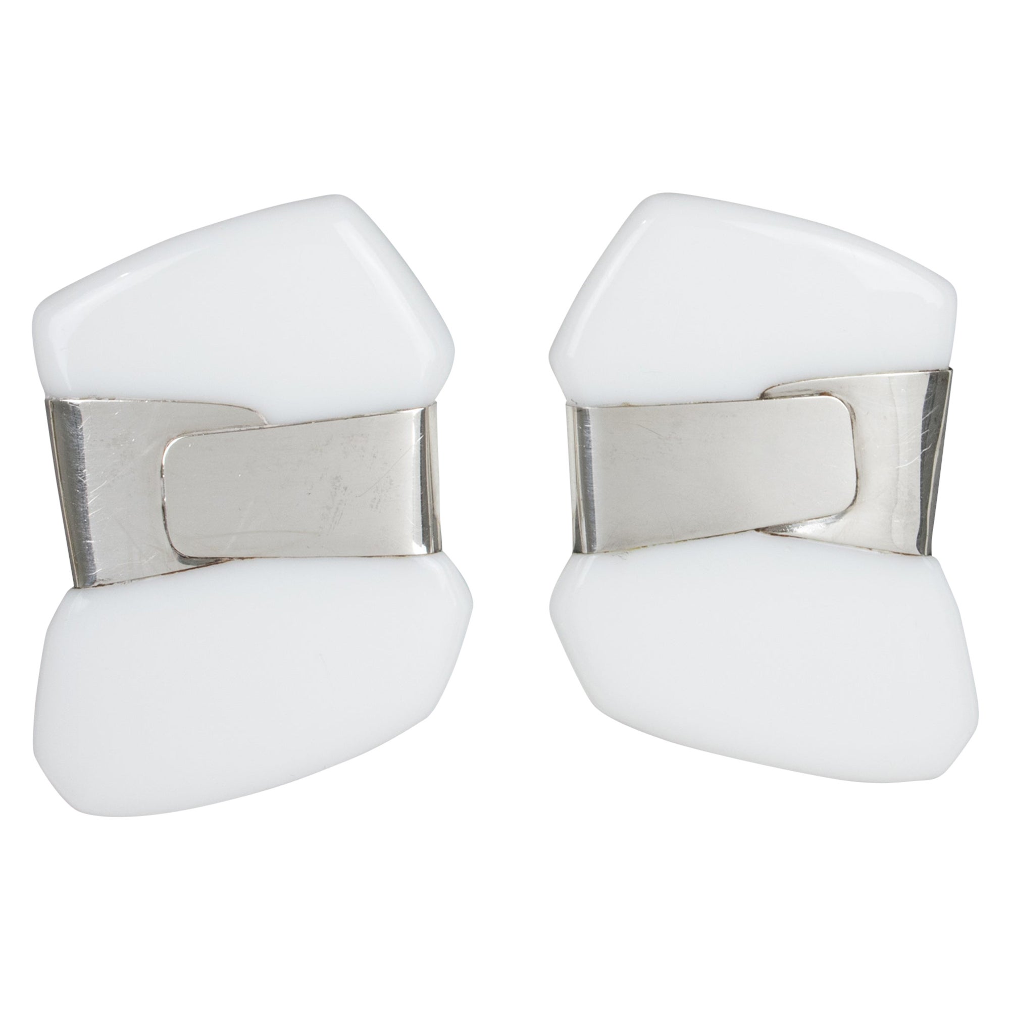 Anne and Frank Vigneri Sterling Silver and White Lucite Clip Earrings For Sale