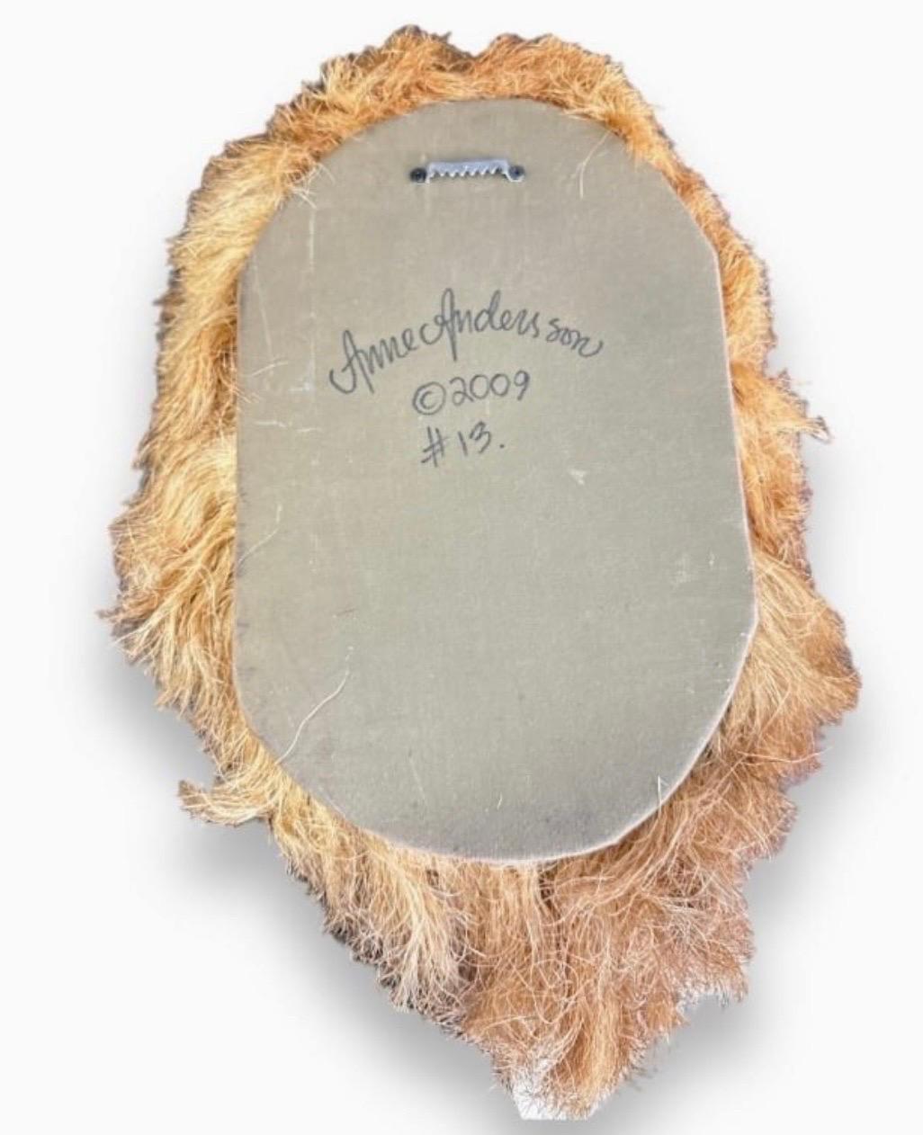 Anne Andersson
Sisal fiber wall sculpture 
Lion's Head (# 13)
Hand signed to verso 
Dated 2009. 
Measures approx. 22 1/2