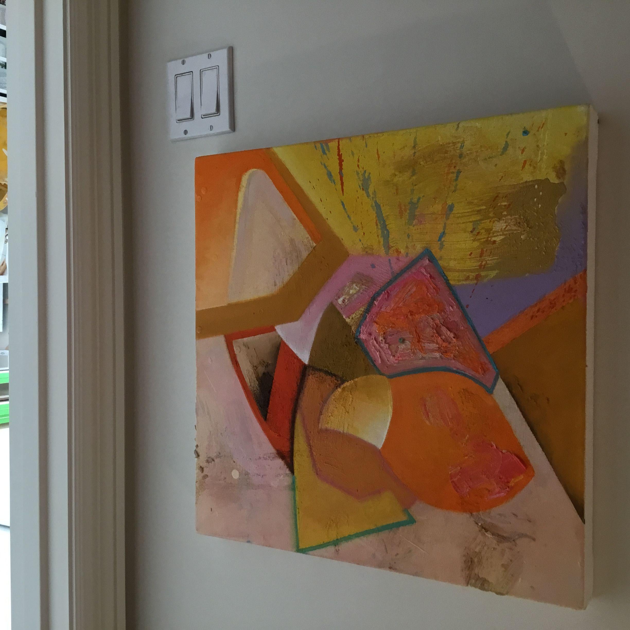 Small contemporary oil painting with beautiful soft, warm colors found right before sunset. Interesting geometric shapes create a sculptural feeling. Using various thicknesses and textures of oil paint, the feeling of movement and dimension are