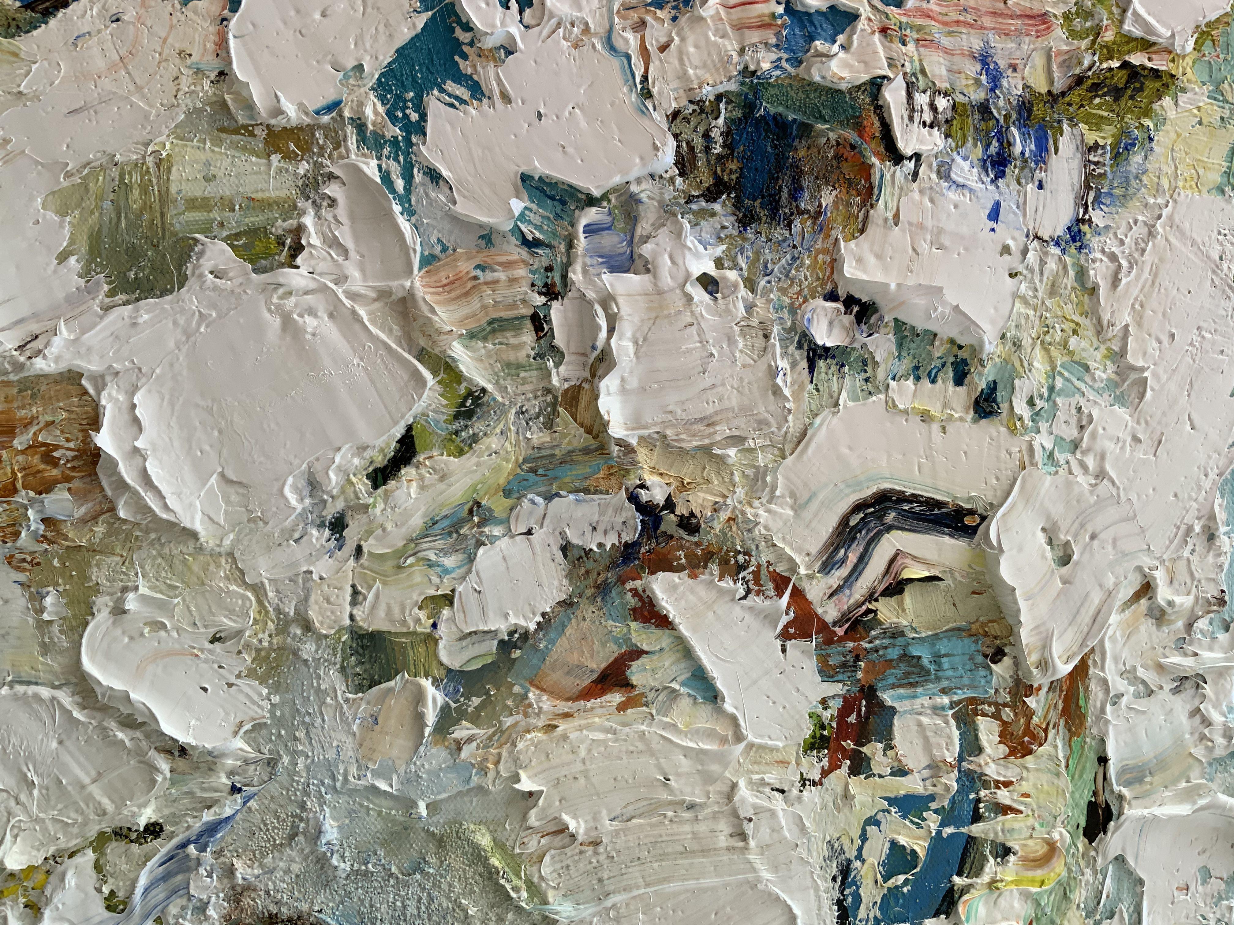 Questo quadro dalla texture ricca si abbina bene con 393 Spring in Sorrento. Possono essere appesi insieme, in alto e in basso, o come dittico. Entrambi sono dipinti principalmente bianchi con pezzi di colore che spuntano da una pittura a olio molto