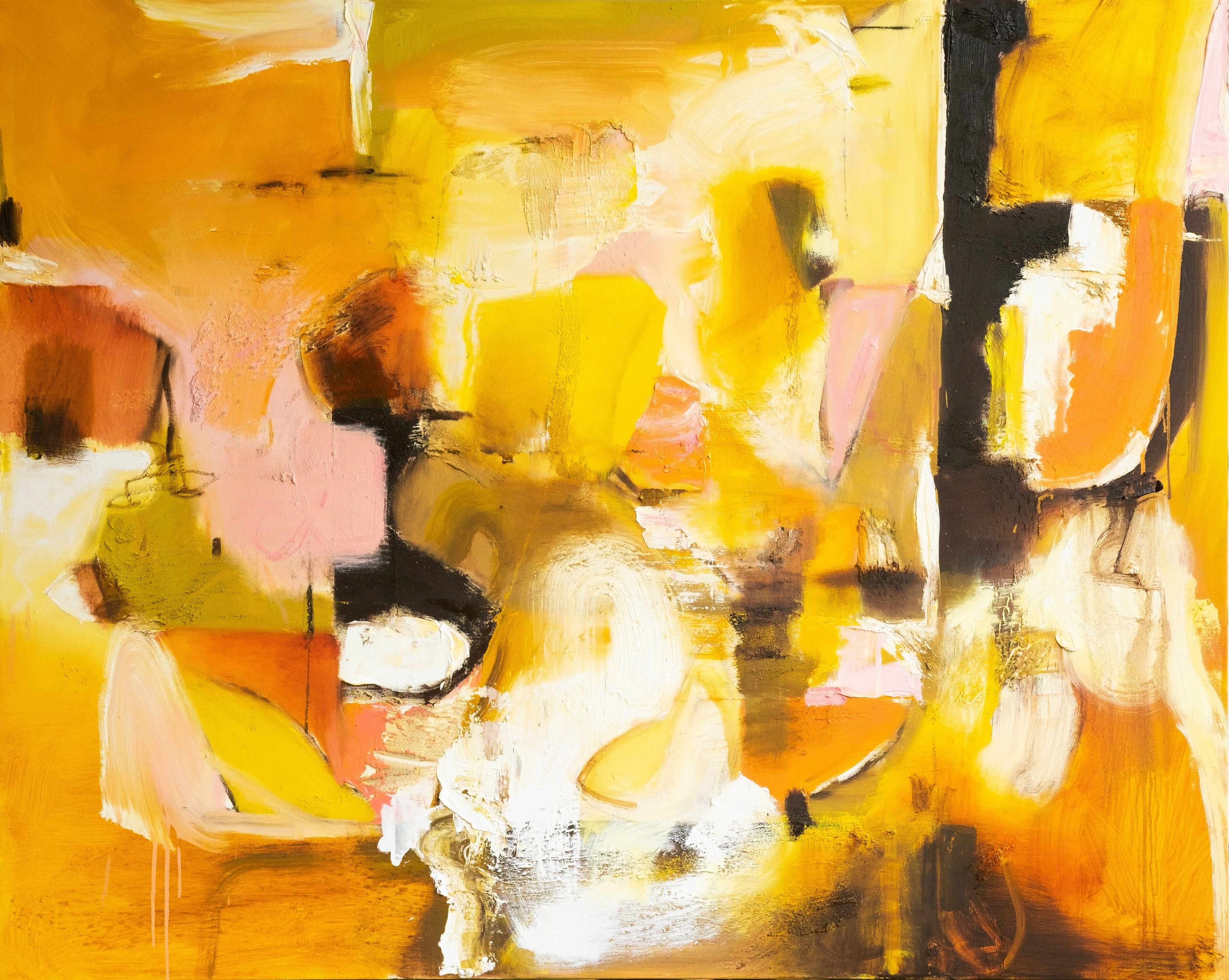 This is a big, juicy oil painting! With warm colors of oranges, yellows, and white. There are plenty of unique, interesting shapes and textures layering one upon another. This offers the painting a sculptural quality. The painting is contemporary