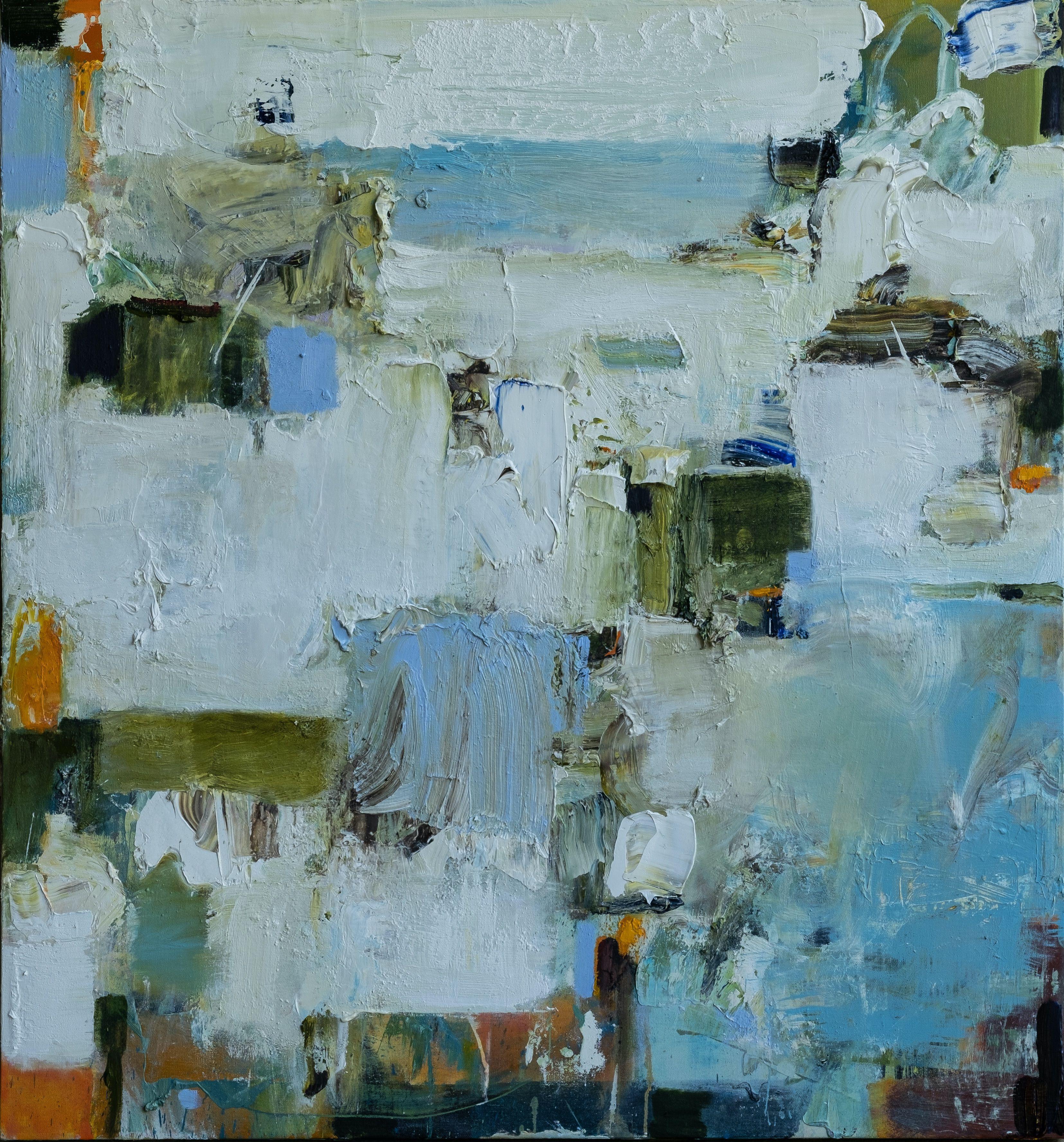 Abstract, contemporary painting full of various shades of blues, white, and cream. There is plenty of rich texture due to many layers of thick oil paint. Painting reminds me of driving along Amalfi Coast and seeing all these small homes built into