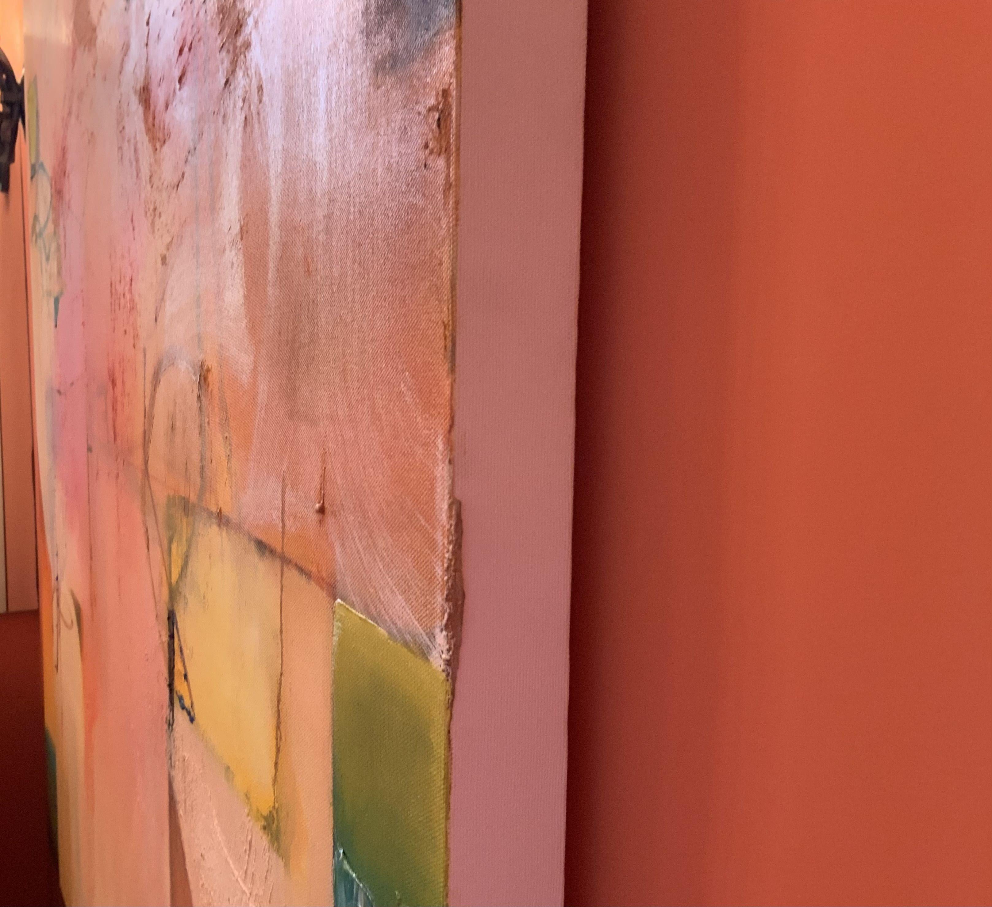 Questo grande astratto è pieno di colori caldi e solari. Aura of Summer fa parte della mia serie Shapes. Questi dipinti sono  ispirato ai colori dell'estate. Il dipinto è caldo e invitante, con colori ricchi e molta consistenza. I dipinti sono