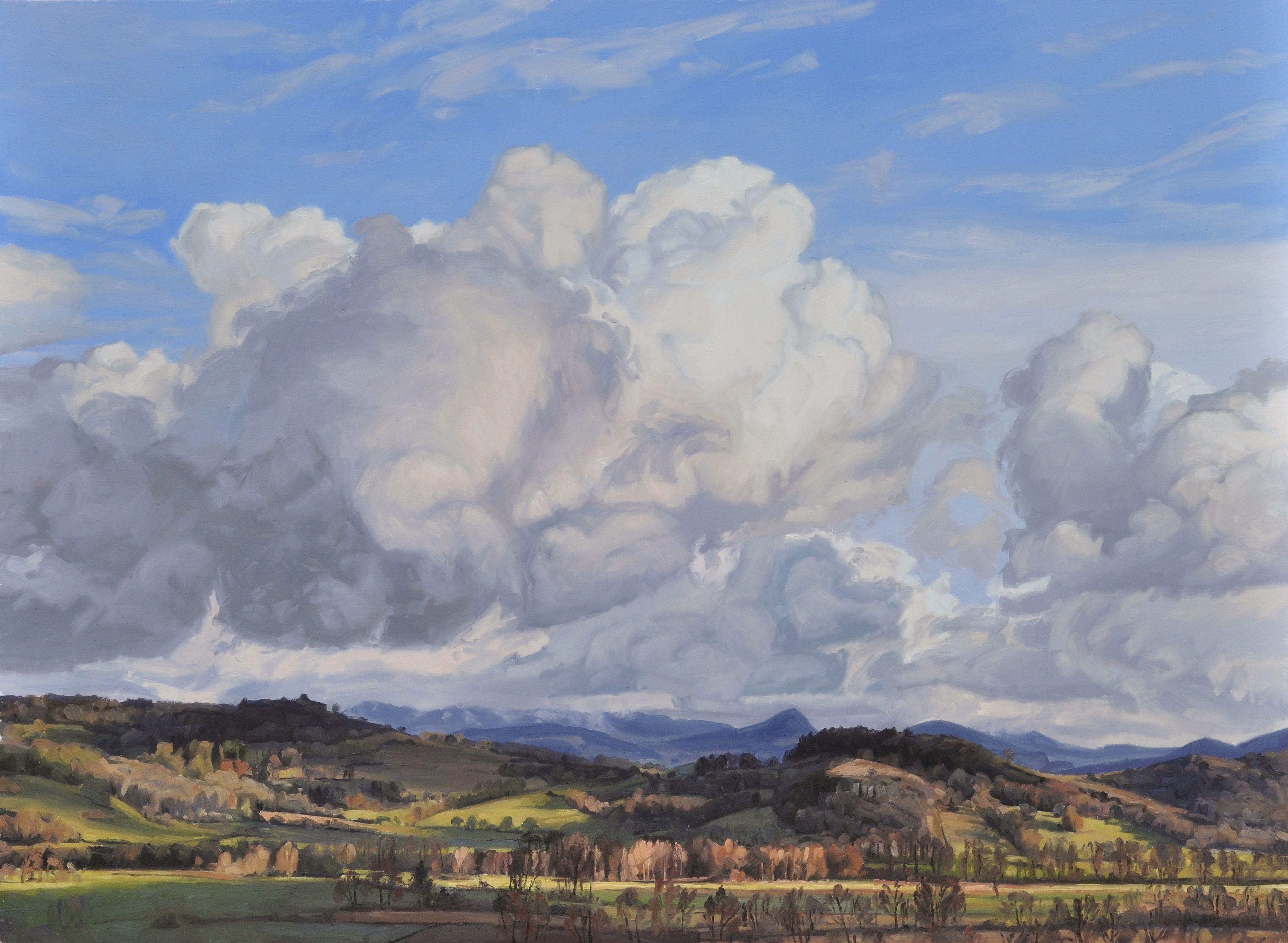 Auvergne landscape, France.    View of the artist's studio on the Monts du Velay.    When Anne Baudequin paints, the sky is almost always the source of inspiration. She invariably begins with the sky. This is her favorite painting moment. She takes