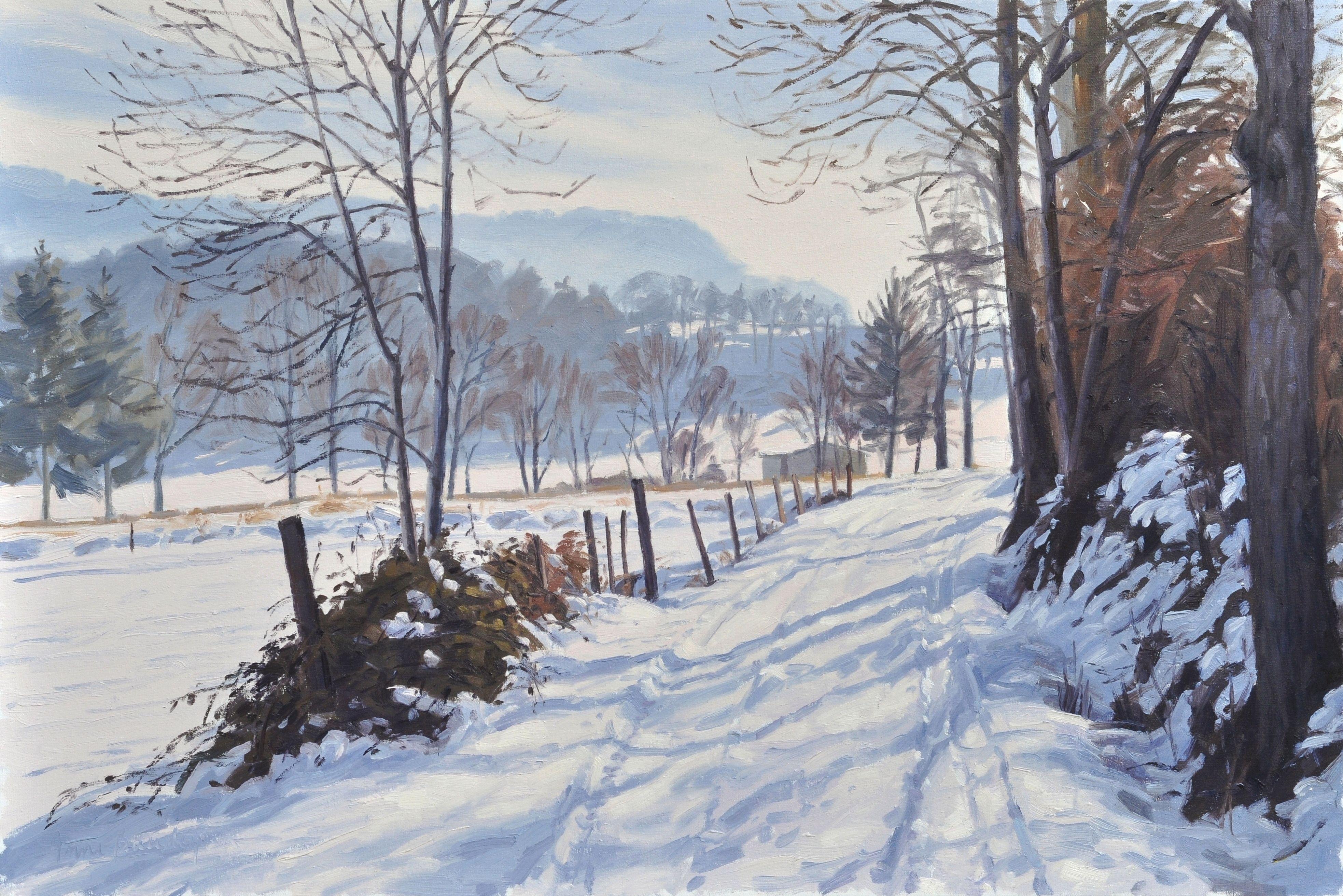 Landscape of Auvergne, in the very heart of France.    The paths around my village are an inexhaustible source of inspiration. I like to paint them in all seasons and especially as here when the snow transforms this familiar landscape and gives it