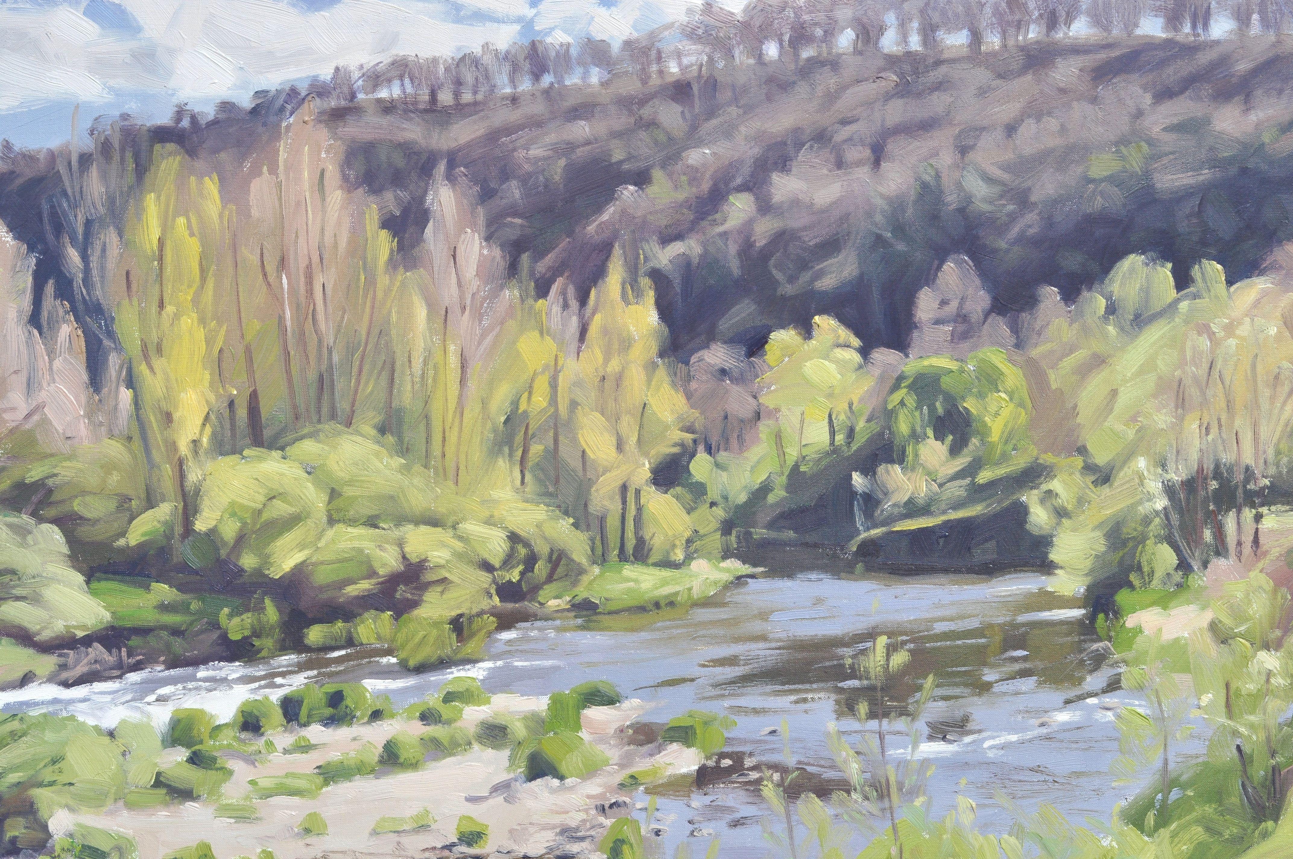 9 mai, le long du fleuve Loire Peinture, peinture à l'huile sur toile - Impressionnisme Painting par Anne Baudequin