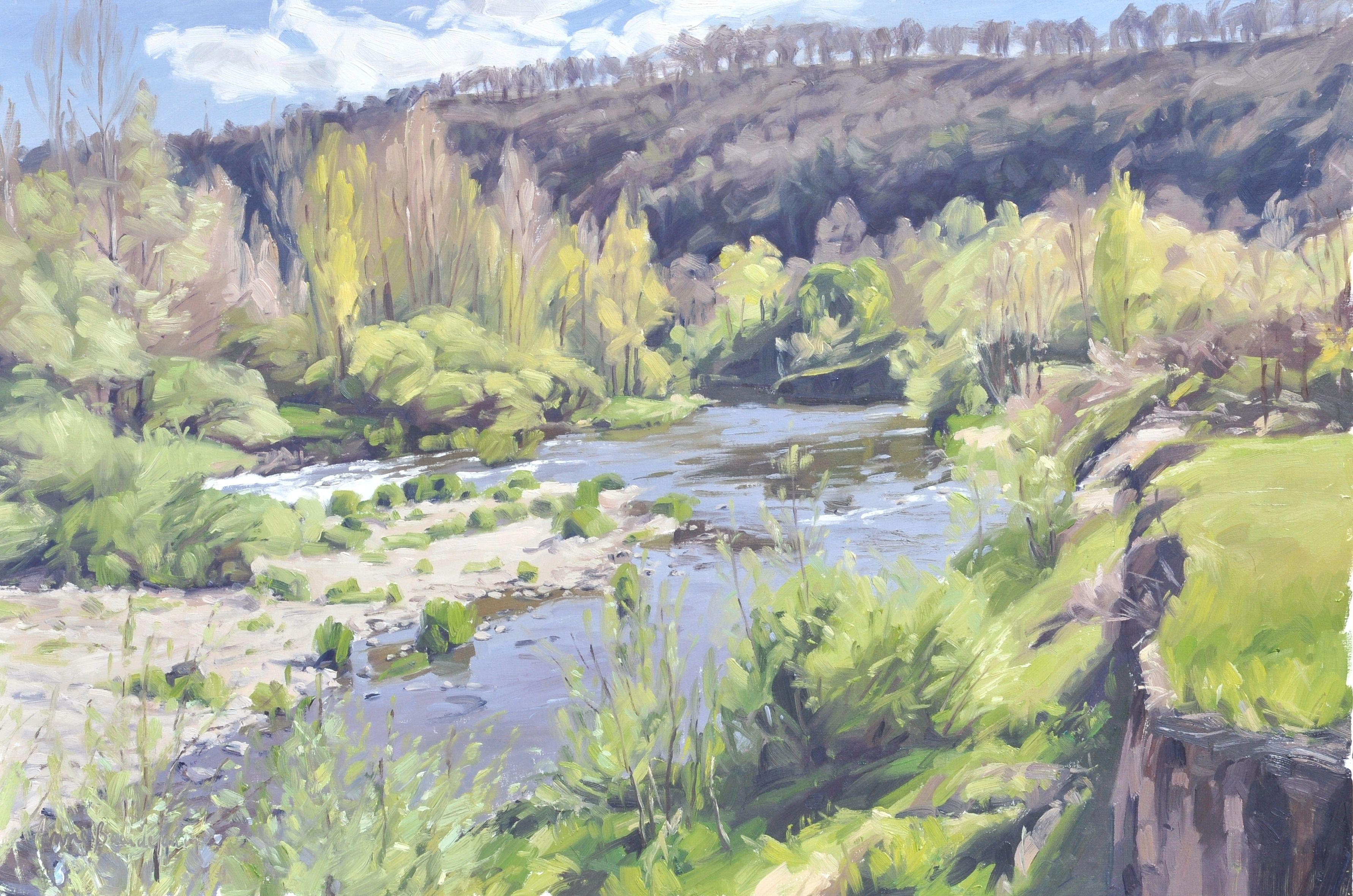 9 mai, le long du fleuve Loire Peinture, peinture à l'huile sur toile - Painting de Anne Baudequin