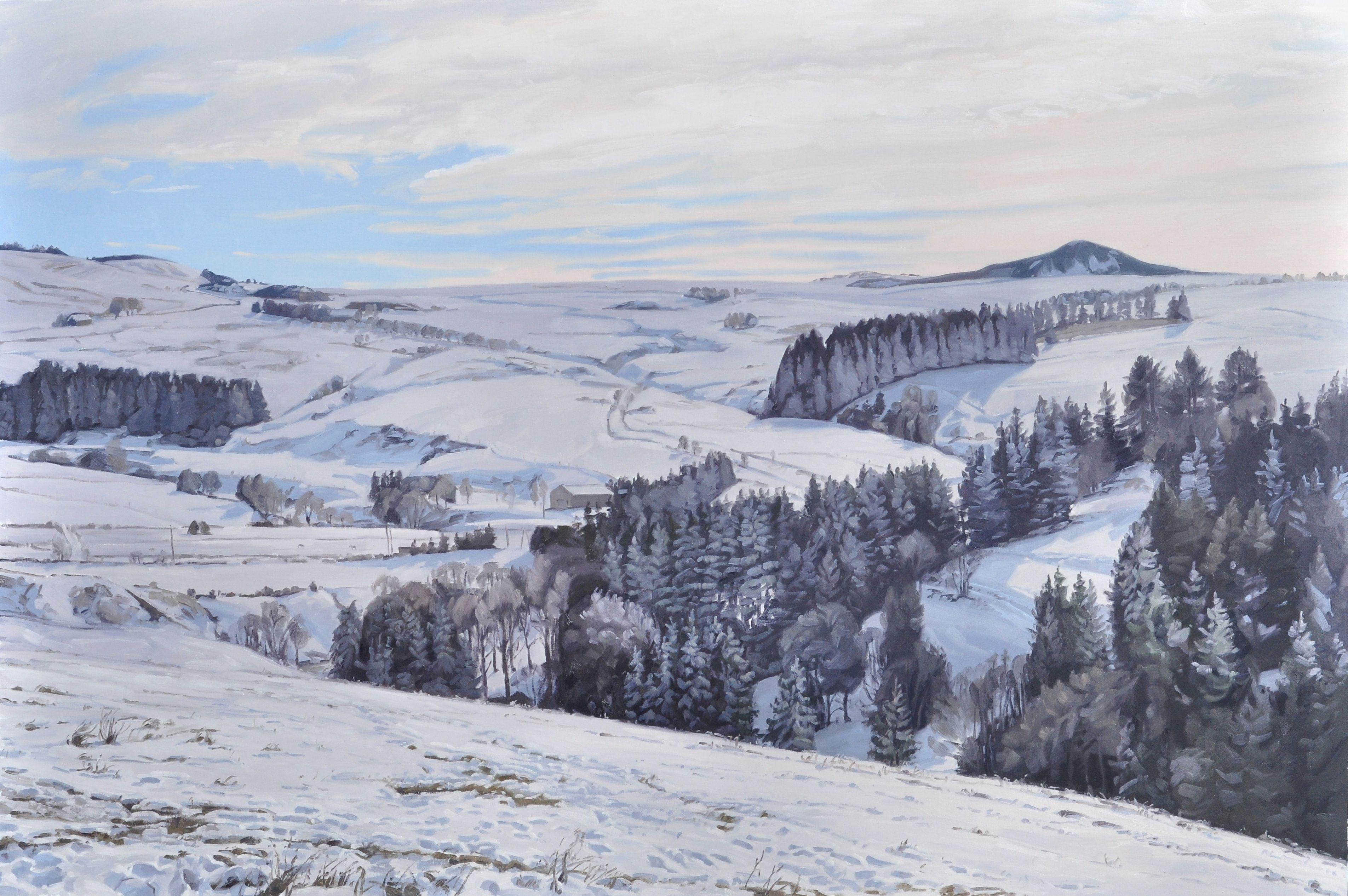 Soleil matinal sur les montagnes enneigées du Mäczenc, Peinture, Huile sur toile - Painting de Anne Baudequin