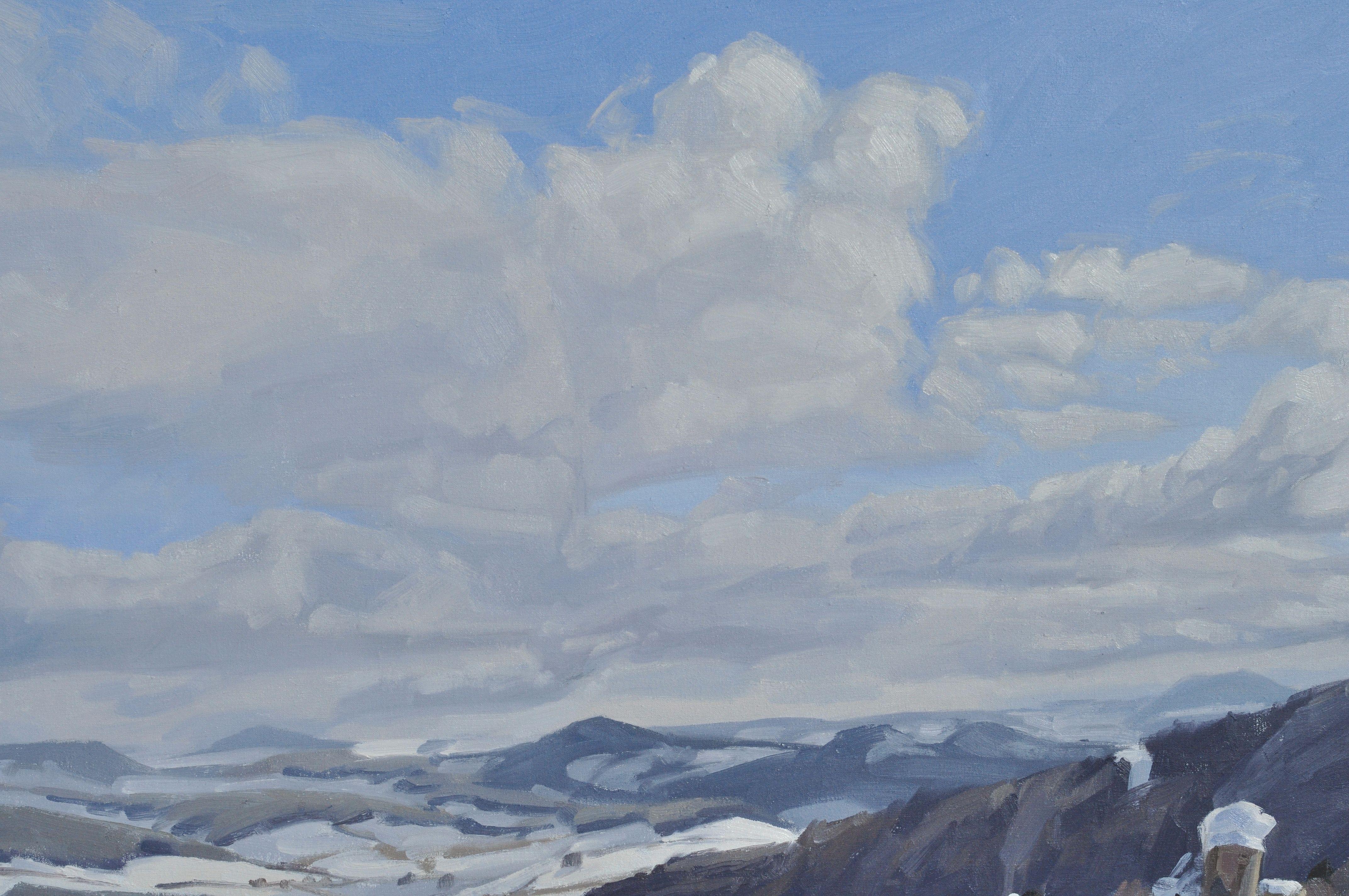 Path in the snow, Saint Julien du Pinet, Gemälde, Öl auf Leinwand im Angebot 1