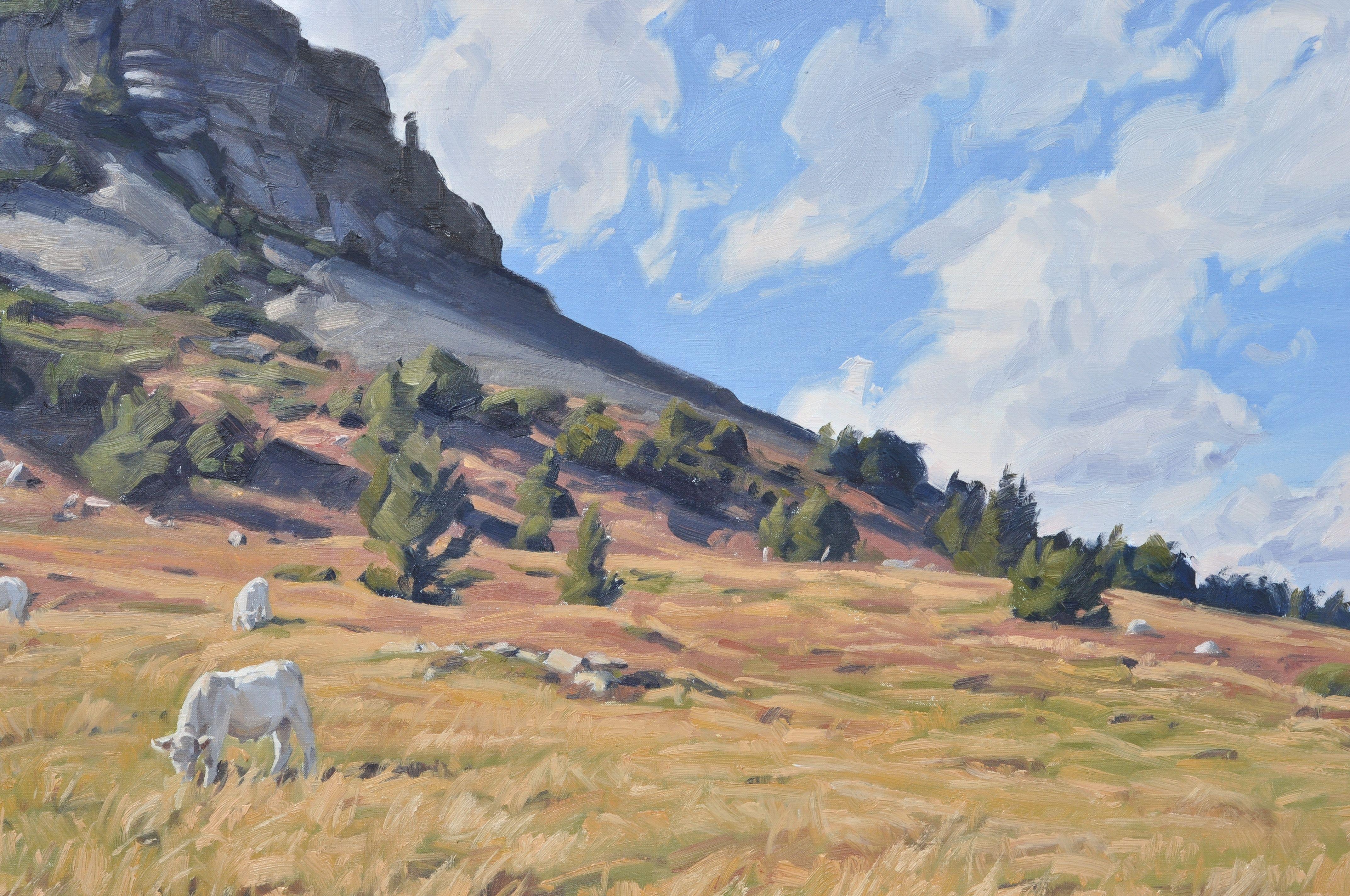 September 13, cows at the Mont Gerbier de Jonc, Painting, Oil on Canvas For Sale 1