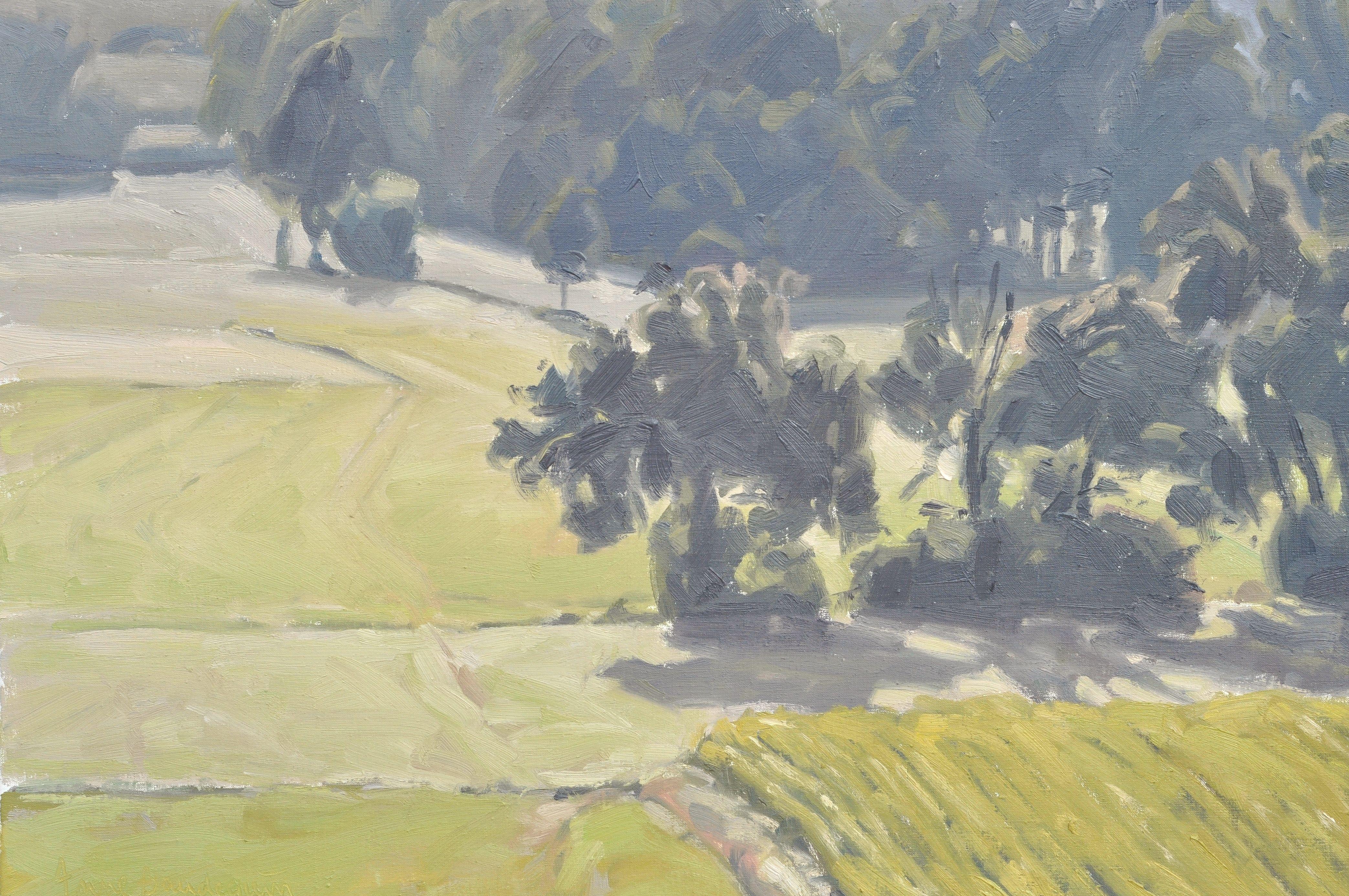 Landscape of Auvergne, in the very heart of France.    View from my studio.  The morning sun is glittering meadows and mists. In the atmosphere warmed they rise above the Loire, hidden by a strip of trees, revealing its presence.    This landscape