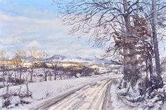 Snowy path at Saint Vincent, evening light, Painting, Oil on Canvas