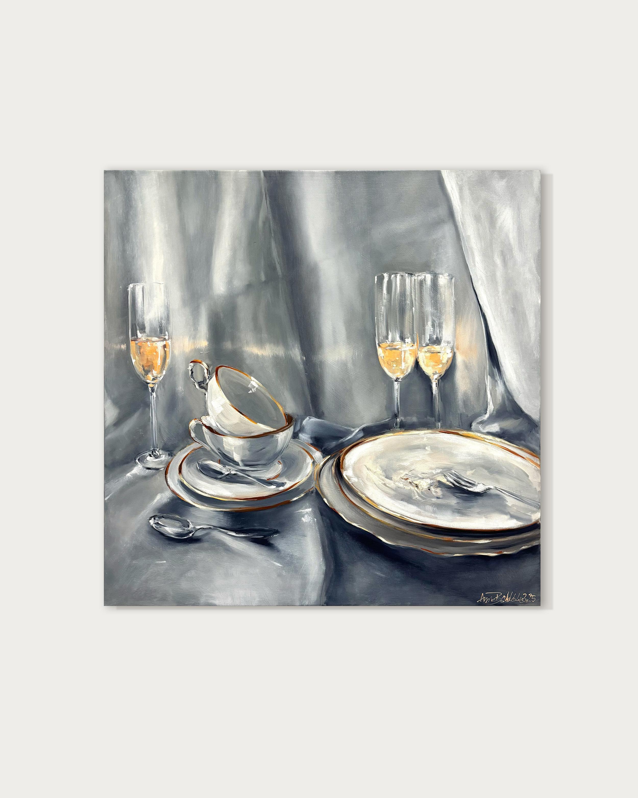 La nuit tombe par Anne Böddeker - nature morte contemporaine scène de table peinture à l'huile en vente 1