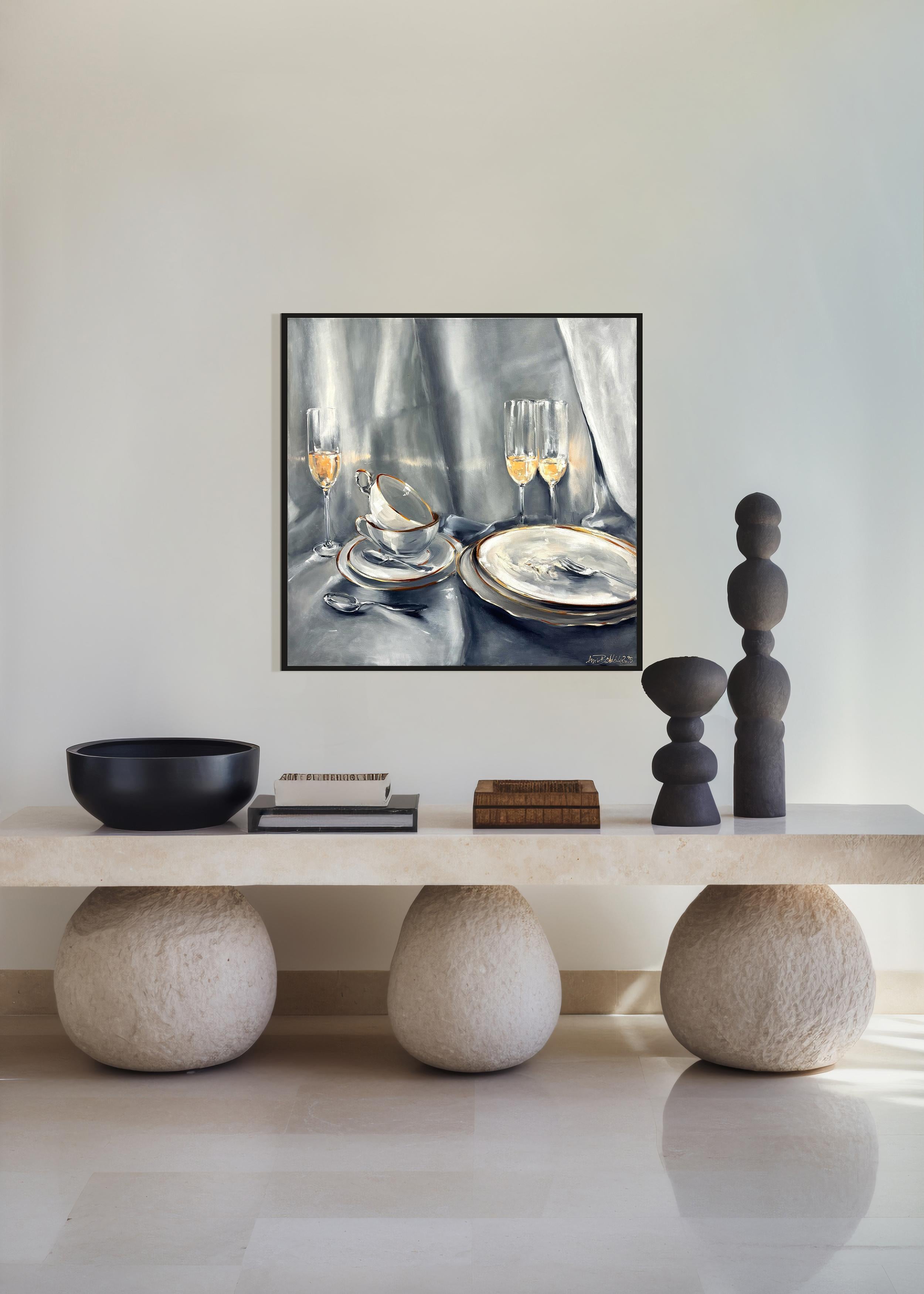 La nuit tombe par Anne Böddeker - nature morte contemporaine scène de table peinture à l'huile en vente 2
