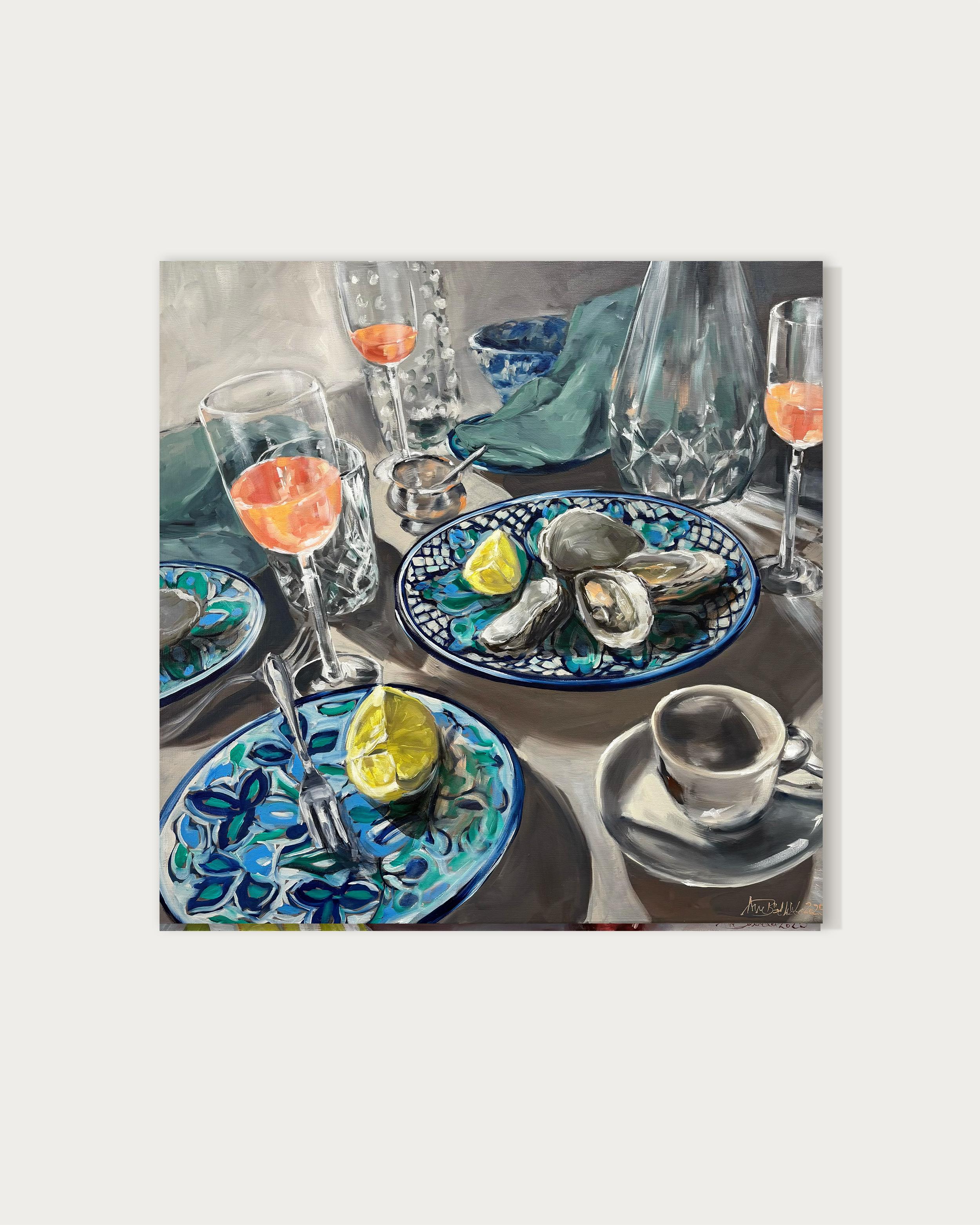 Night out par Anne Böddeker - nature morte contemporaine scène de table peinture à l'huile en vente 1