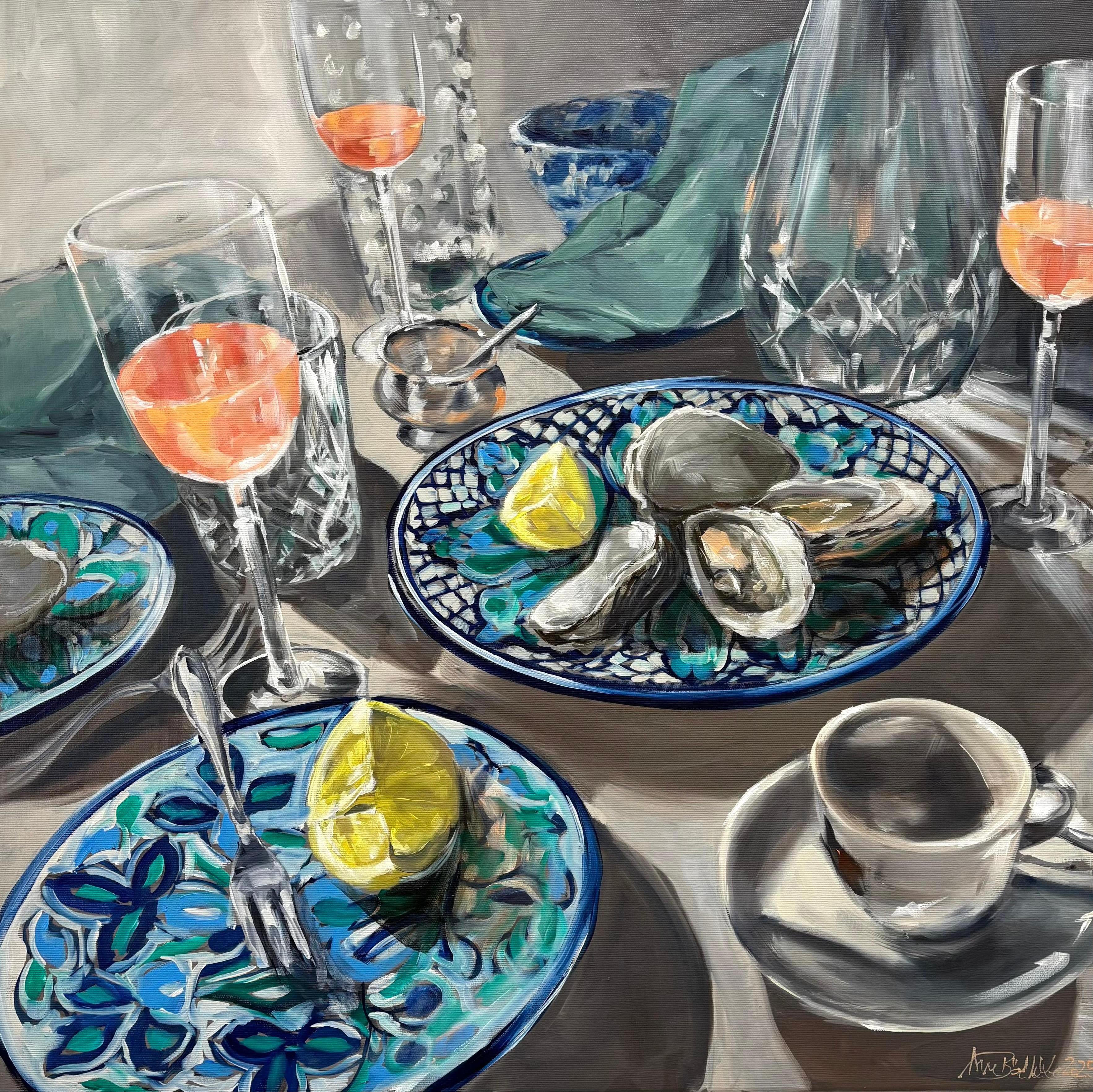 Night out von Anne Böddeker - zeitgenössisches stillleben tischszene ölgemälde