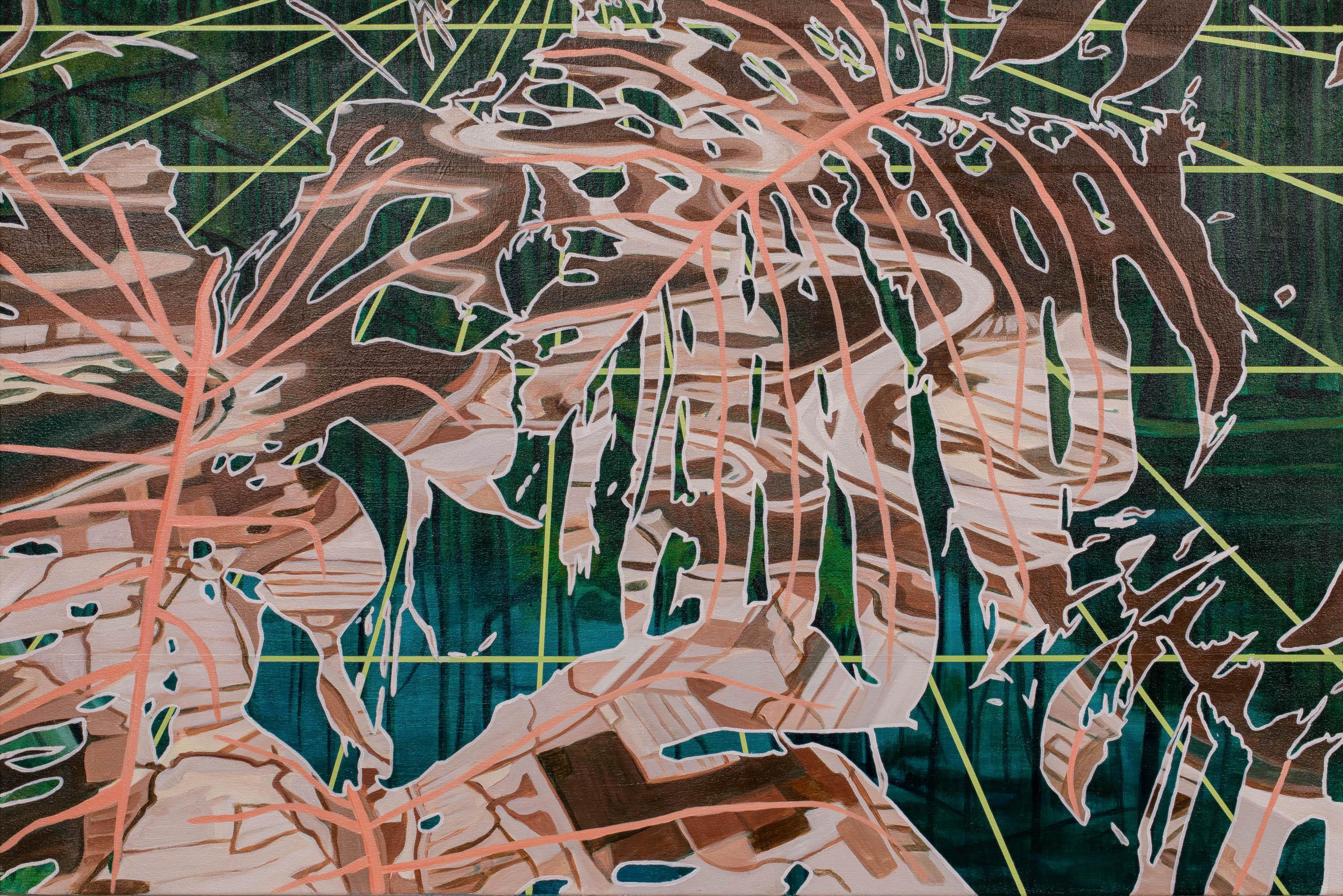 Anne Blenker Abstract Painting - Downstream - Southern Louisiana Abstract Palm Painting